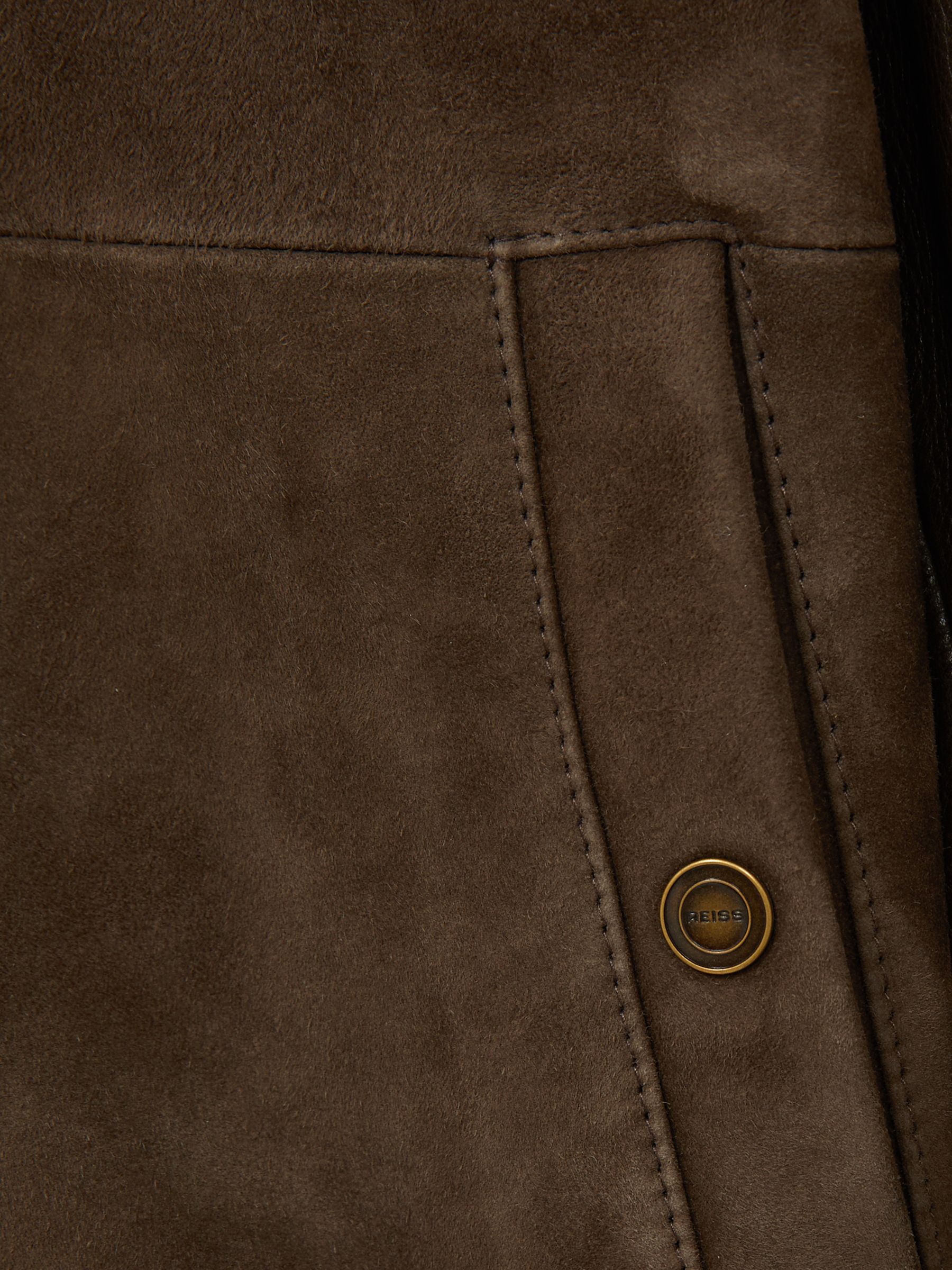 Leather-Sleeve Suede Bomber Jacket in Chocolate Brown