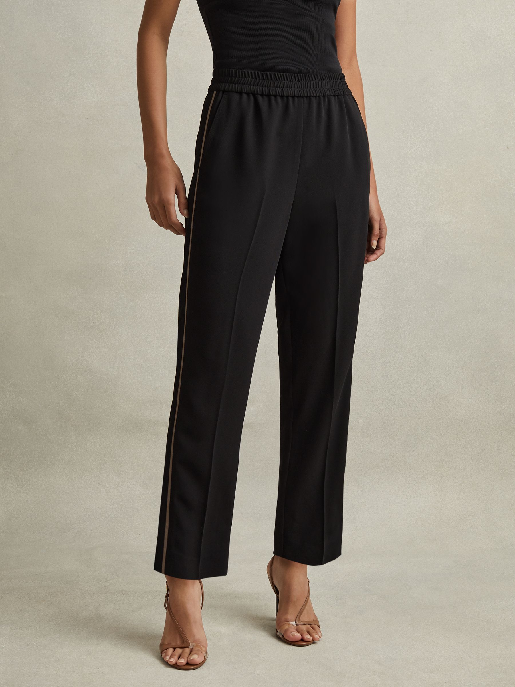 Elasticated Side Stripe Tapered Trousers in Black