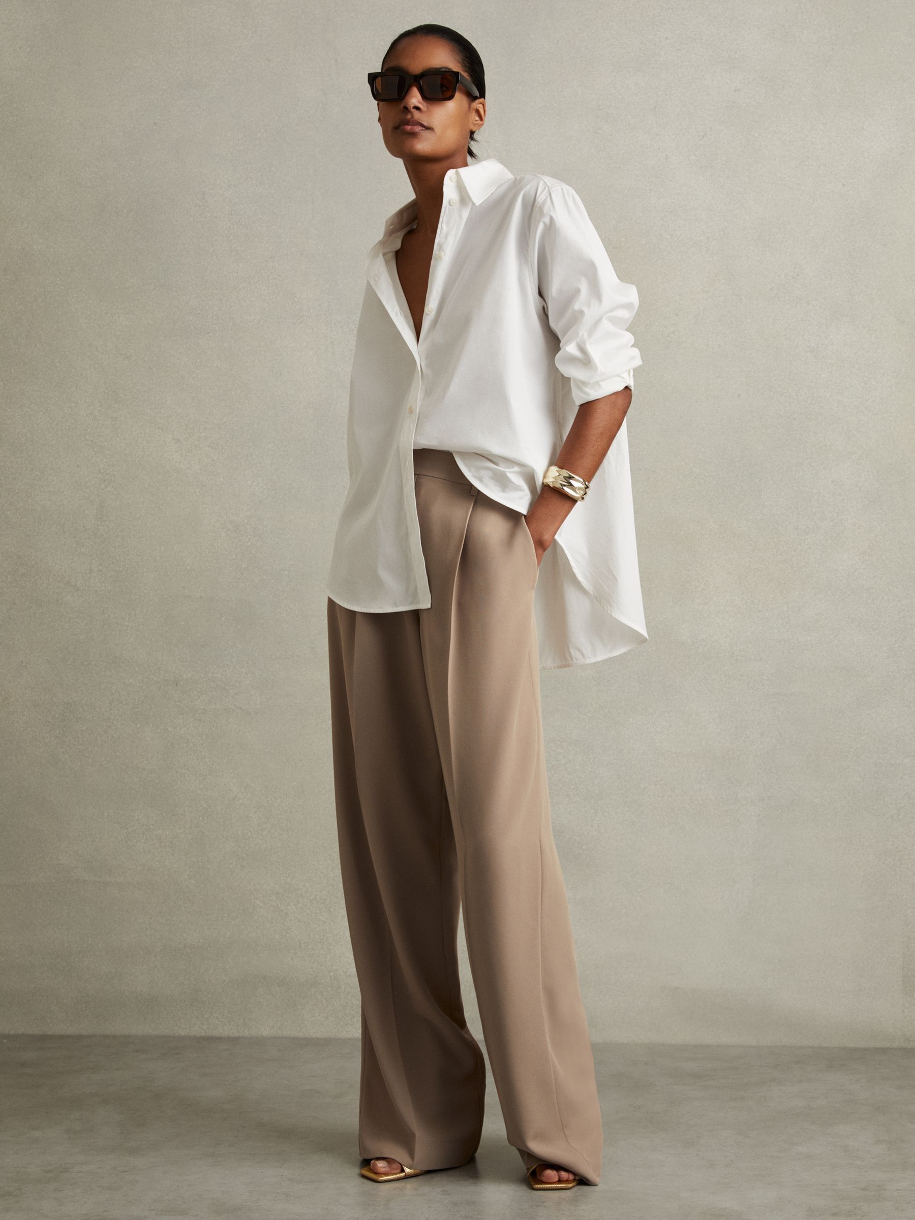 Petite Elasticated-Waist Wide-Leg Twill Trousers in Mink Neutral