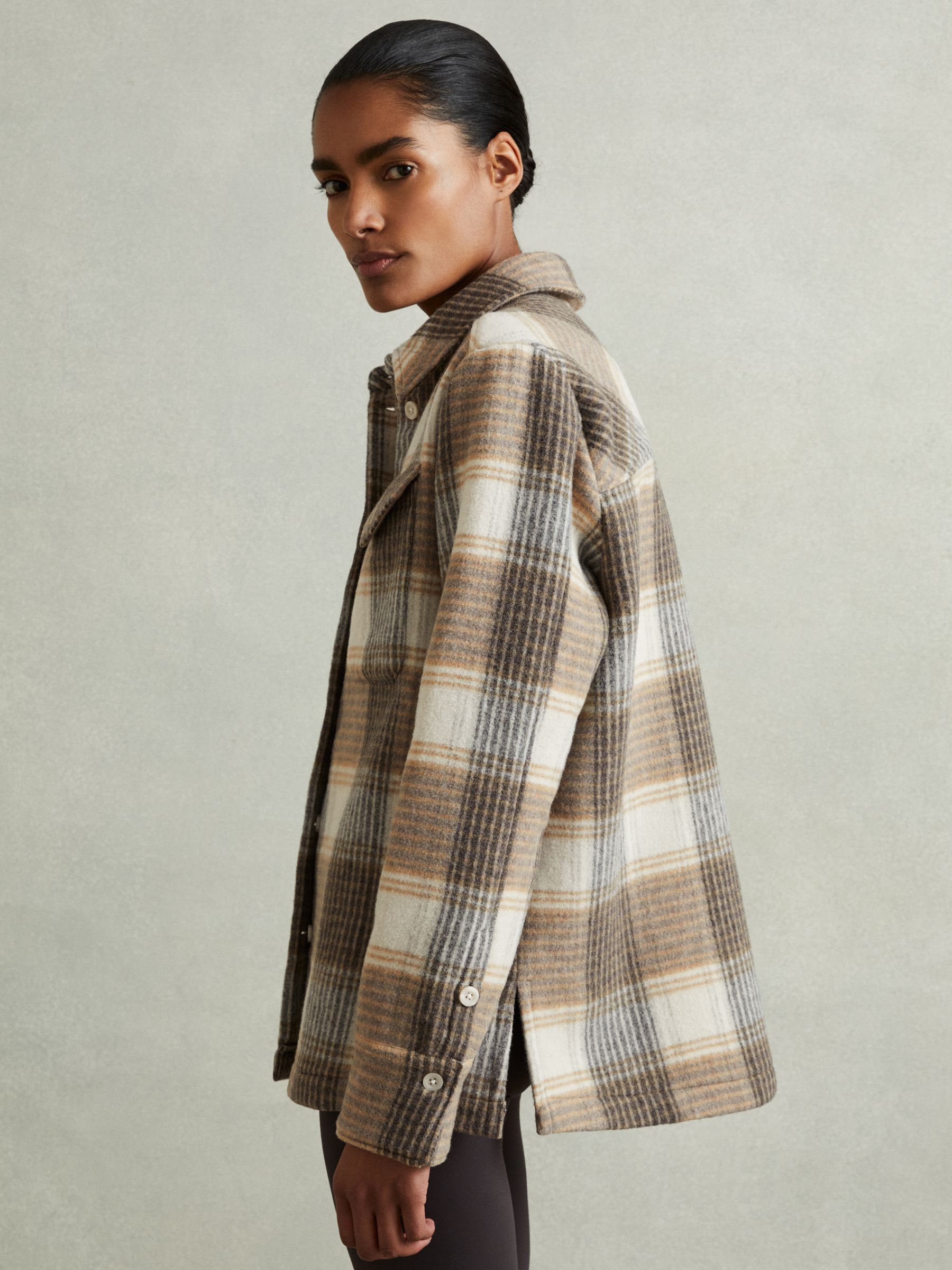 Phoebe Neutral Wool Blend Checked Shacket