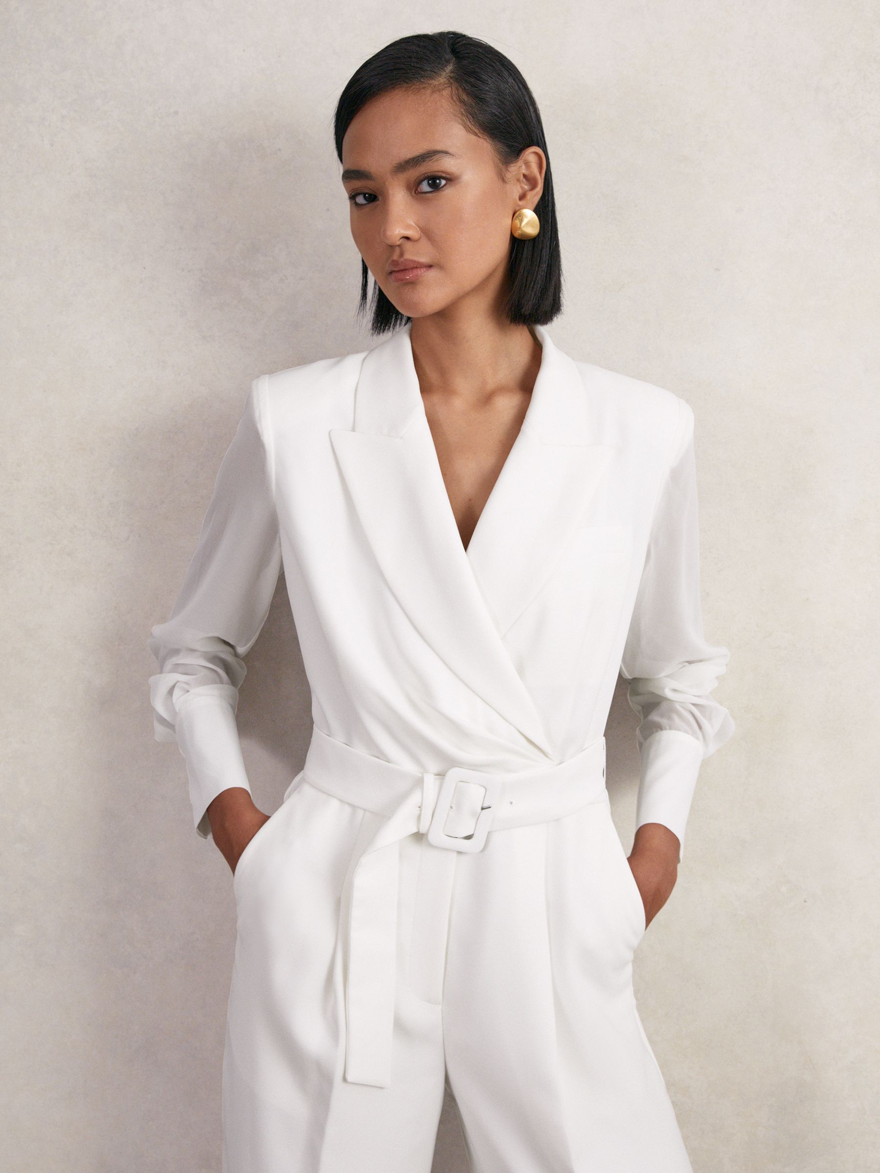 Sheer-Sleeve Wide-Leg Tuxedo Jumpsuit in Ivory