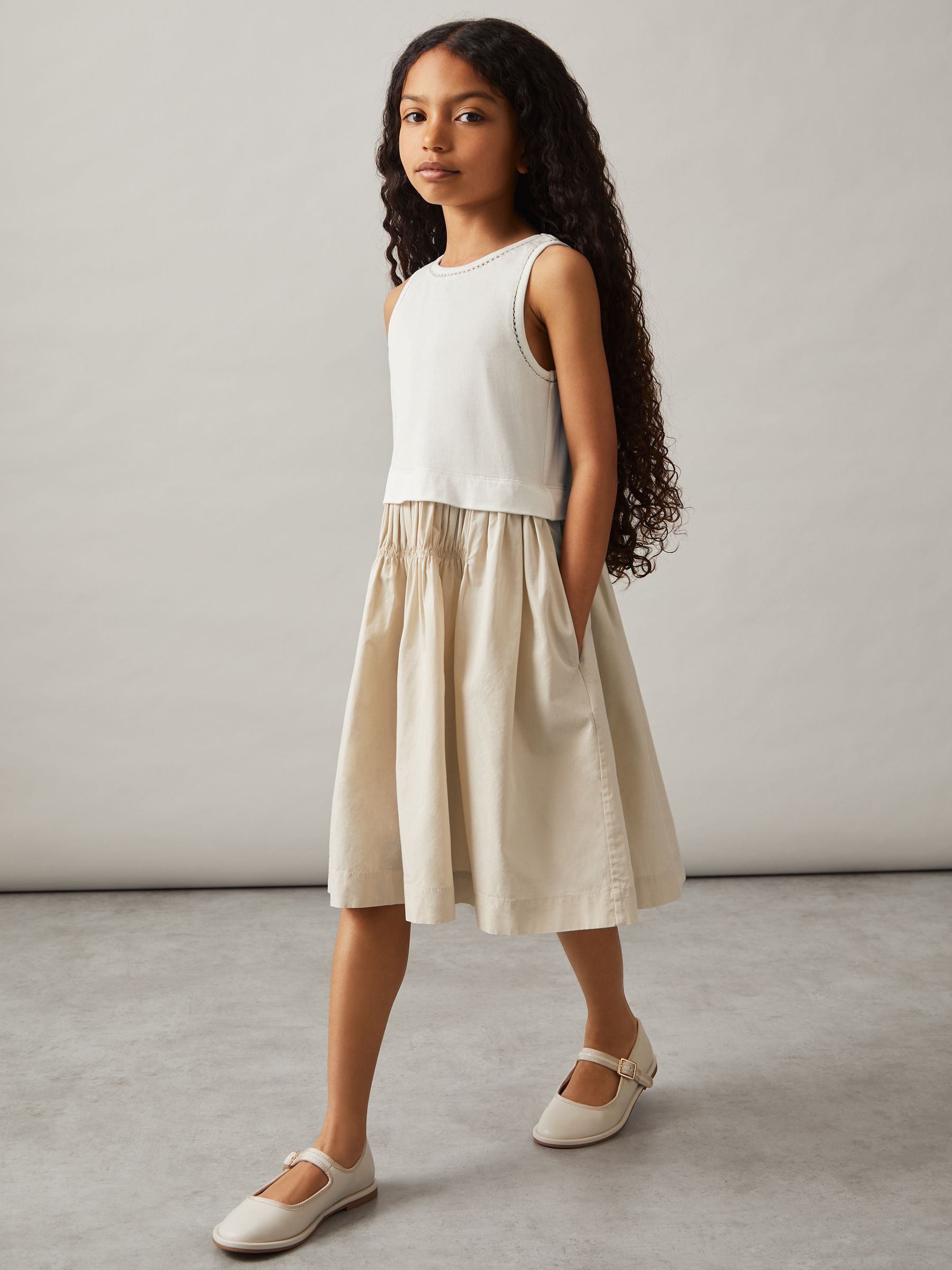 3-9 yrs Cotton Layered Sleeveless Midi Dress in Neutral