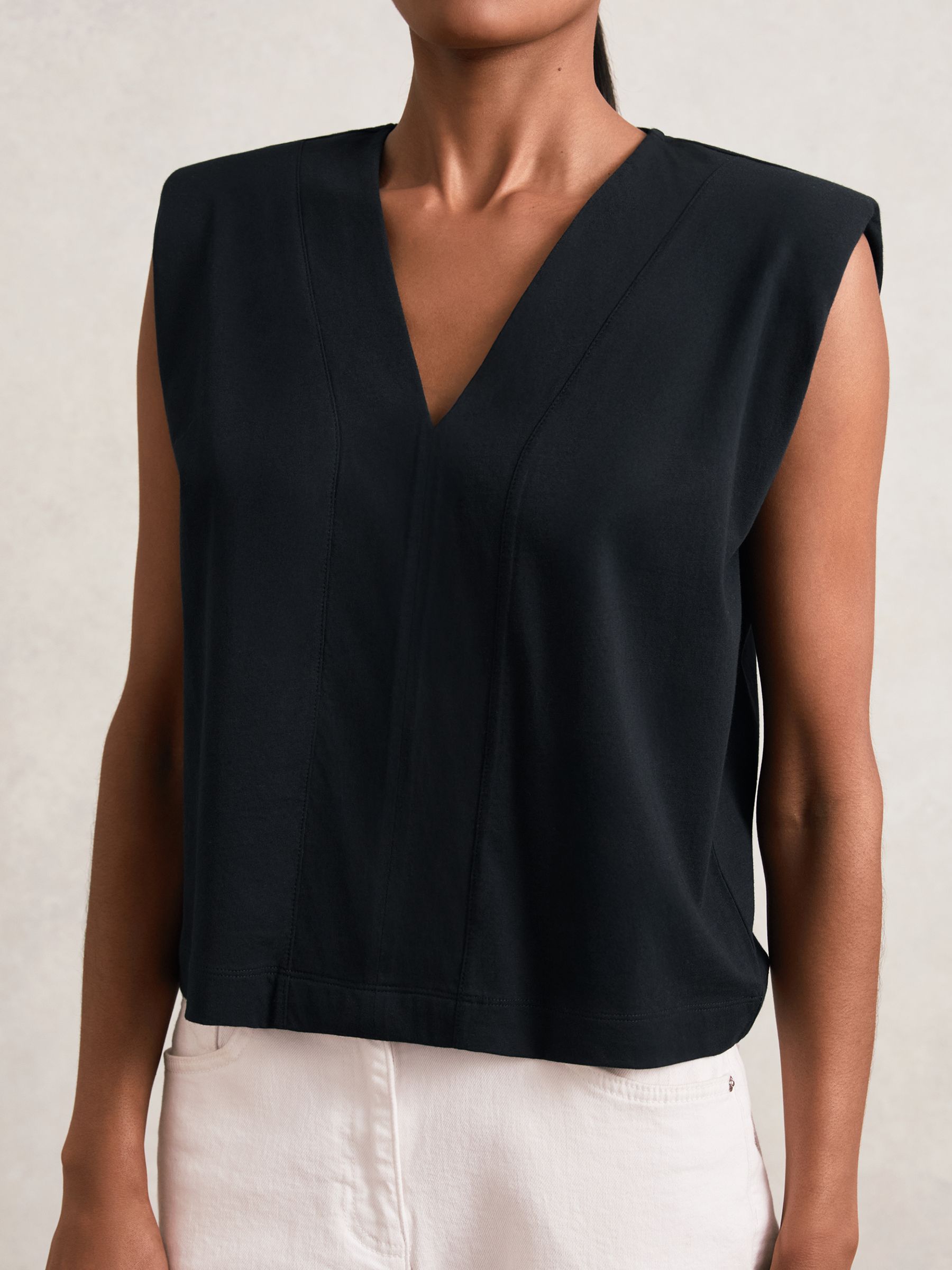 Cotton Shoulder-Pad V-Neck Top in Navy