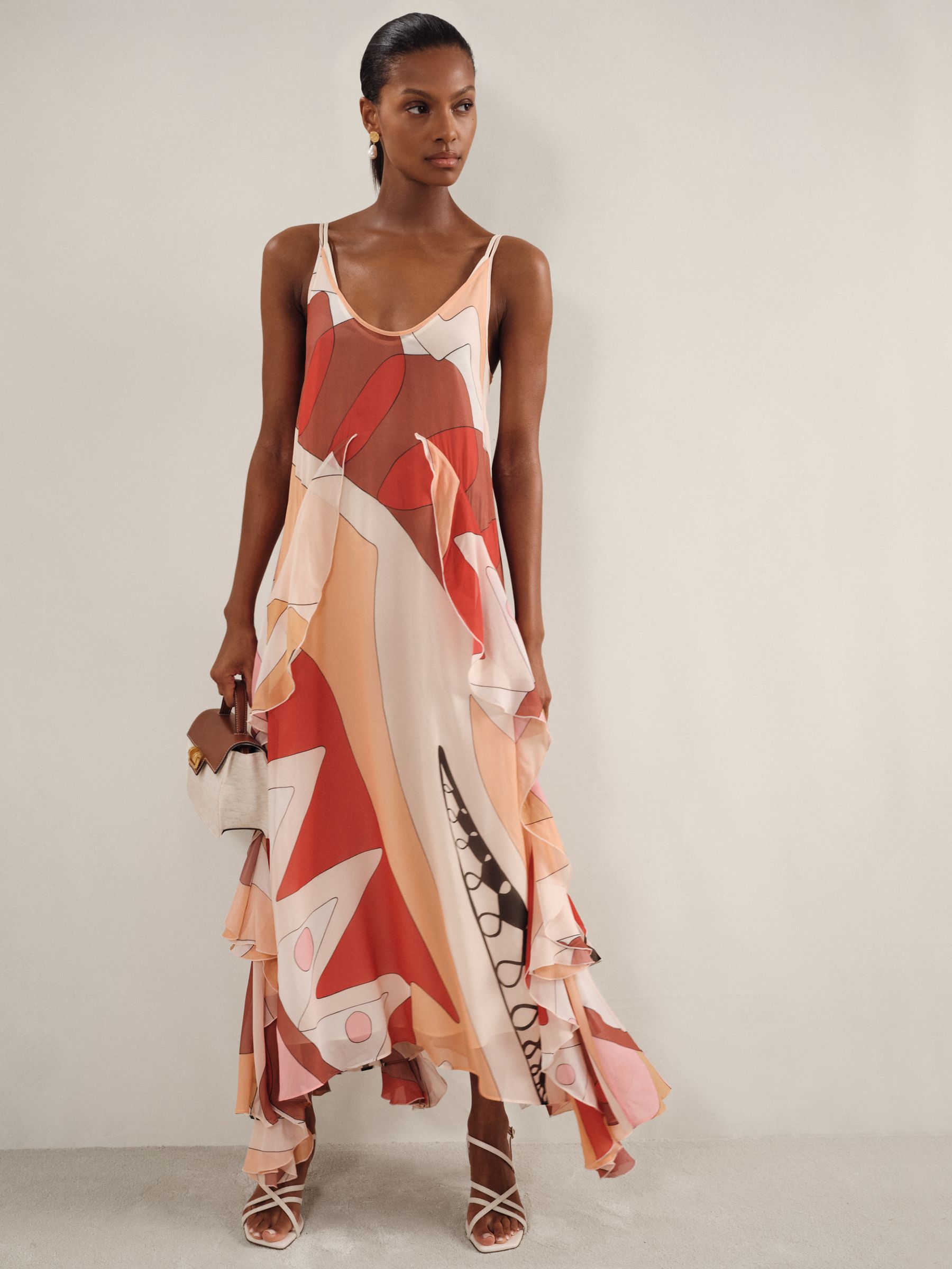 Petite Printed Ruffle Trim Maxi Dress in Cream/Red