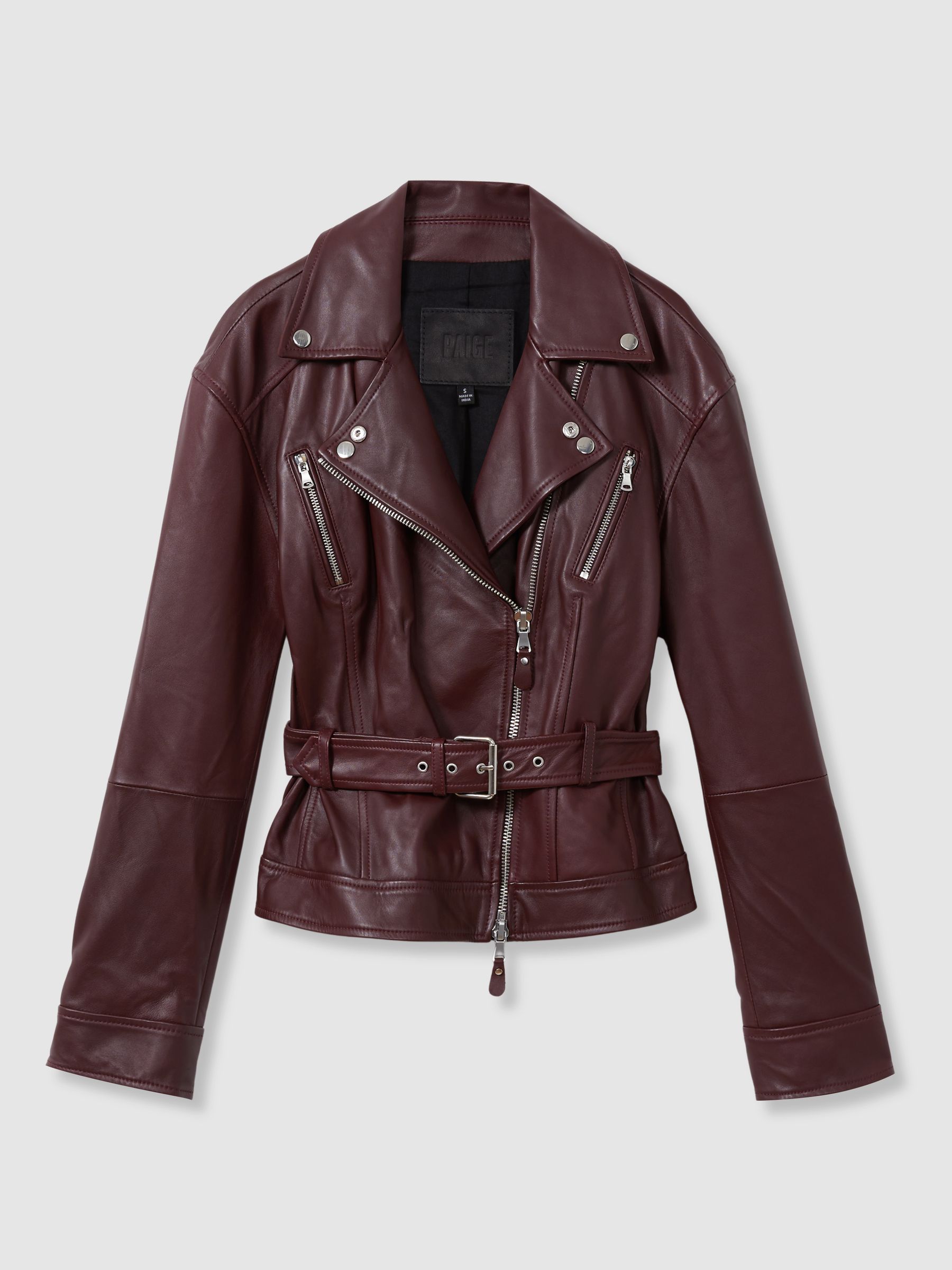 Paige Leather Belted Moto Jacket in Dark Oxblood