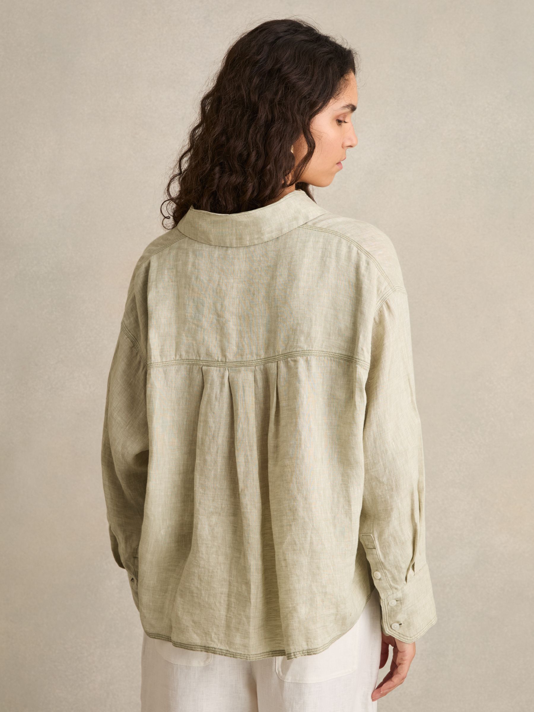 Linen Overhead Open-Collar Shirt in Sage