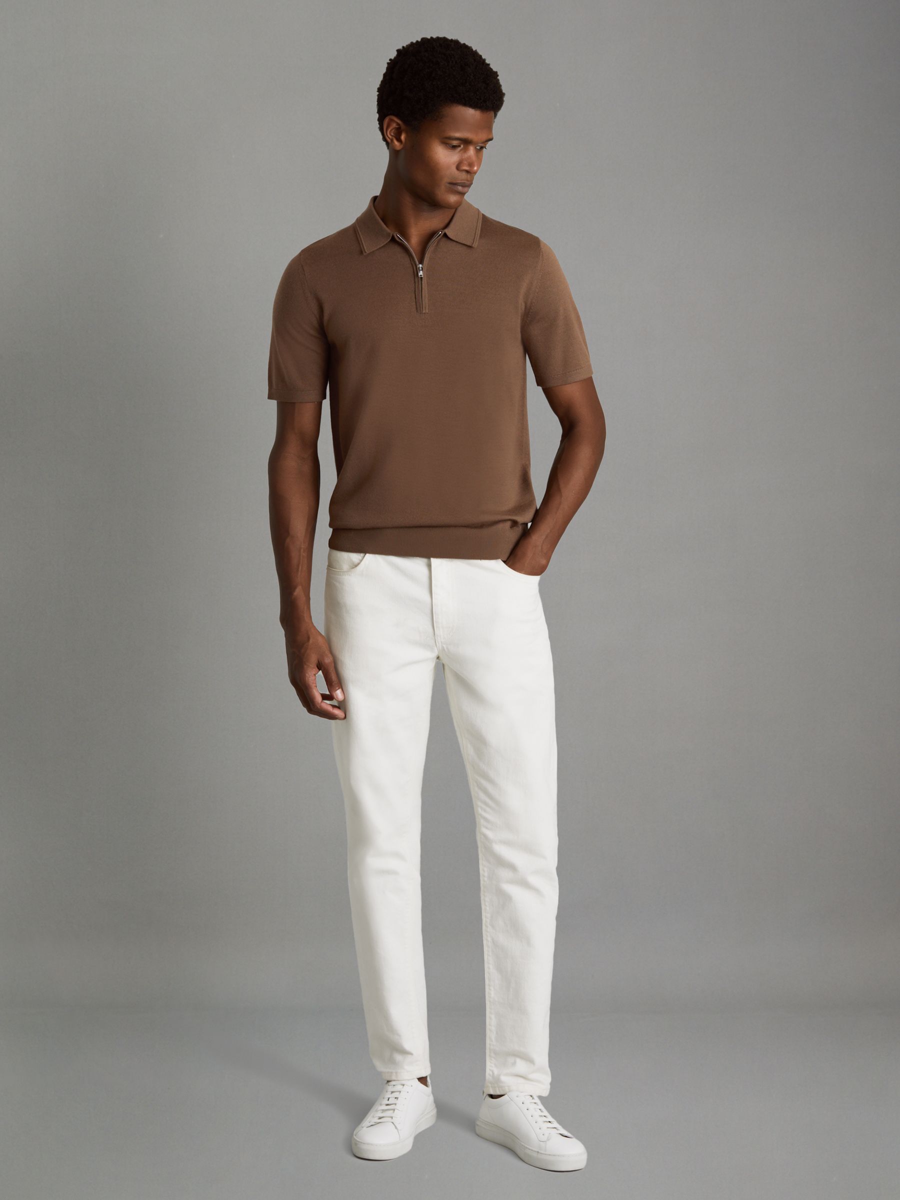 Merino Wool Half-Zip Funnel Neck Jumper in Pecan Brown