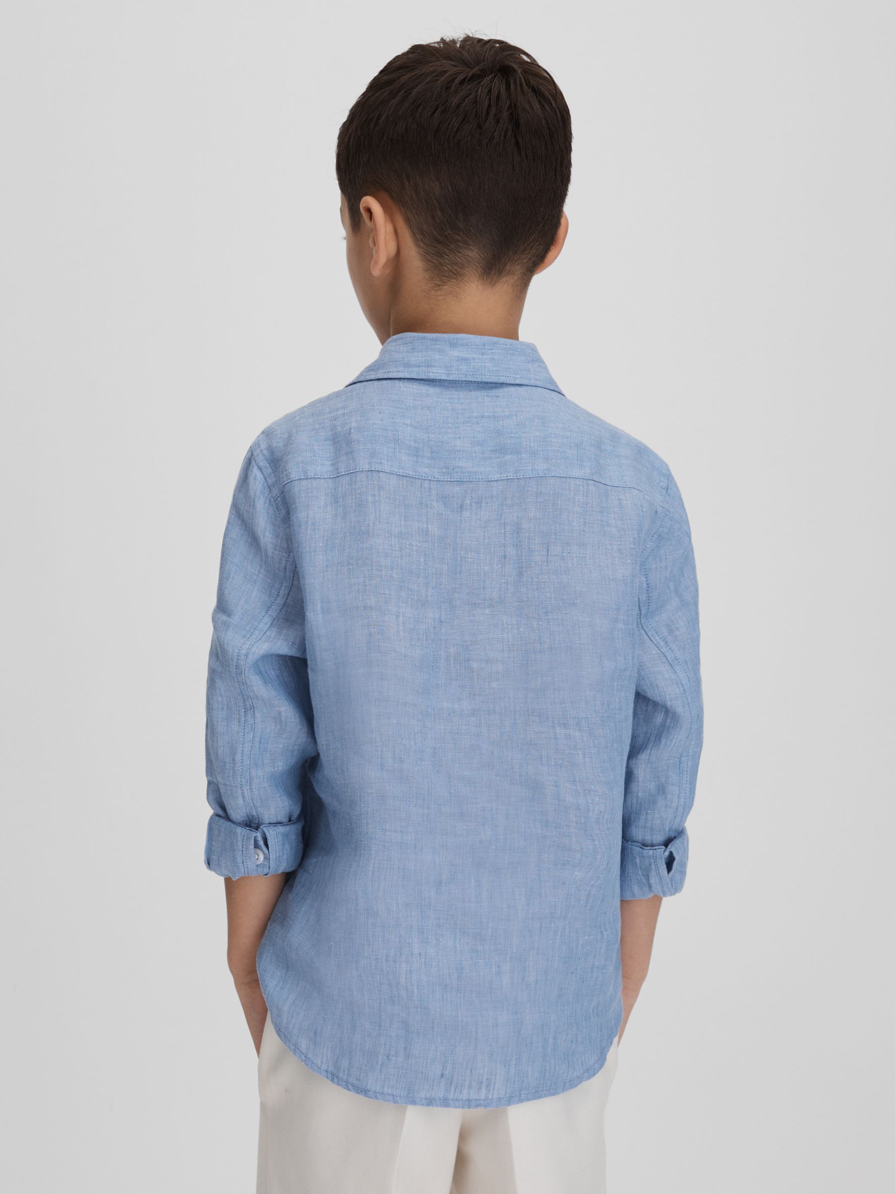 9-13 yrs Striped Linen Cutaway Collar Shirt in Sky Blue