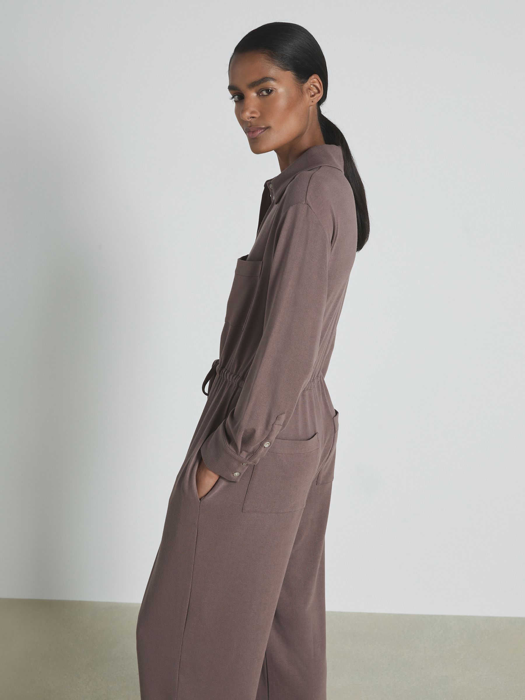 Thermal Jersey Drawstring Jumpsuit in Dark Mink