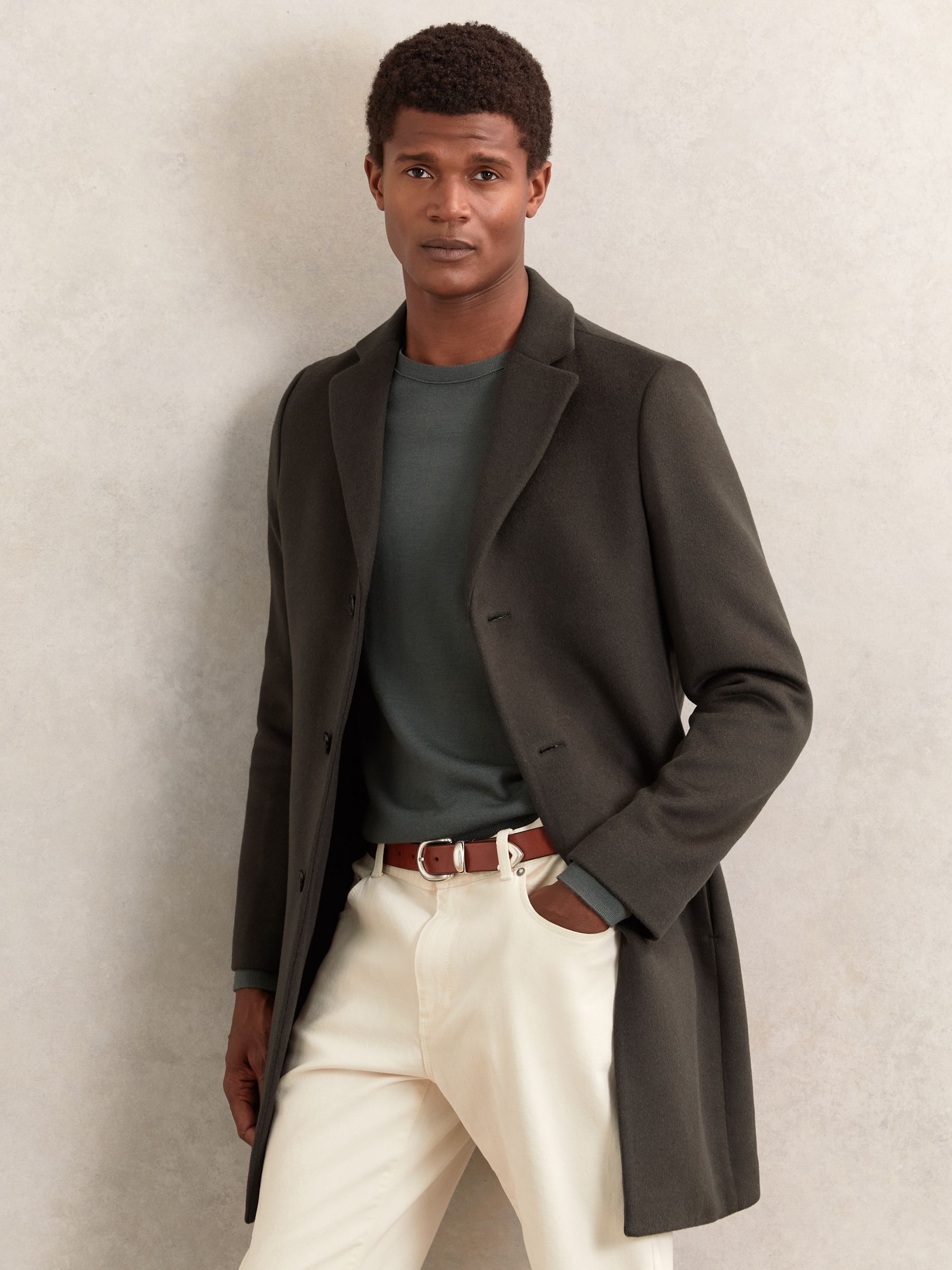 Woo Blend Single-Breasted Overcoat in Dark Khaki Green