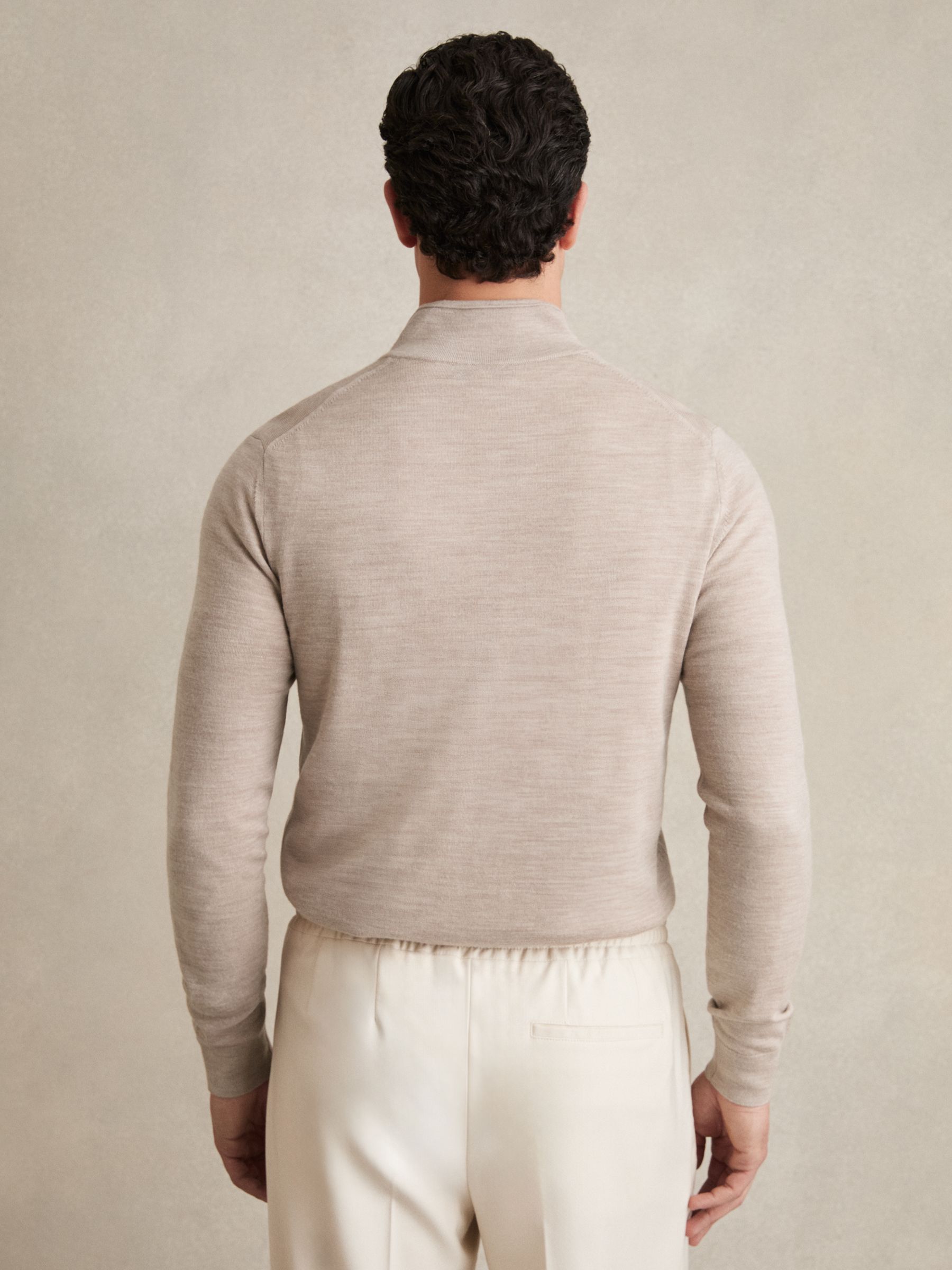 Merino Wool Half-Zip Funnel Neck Jumper in Wheat Melange