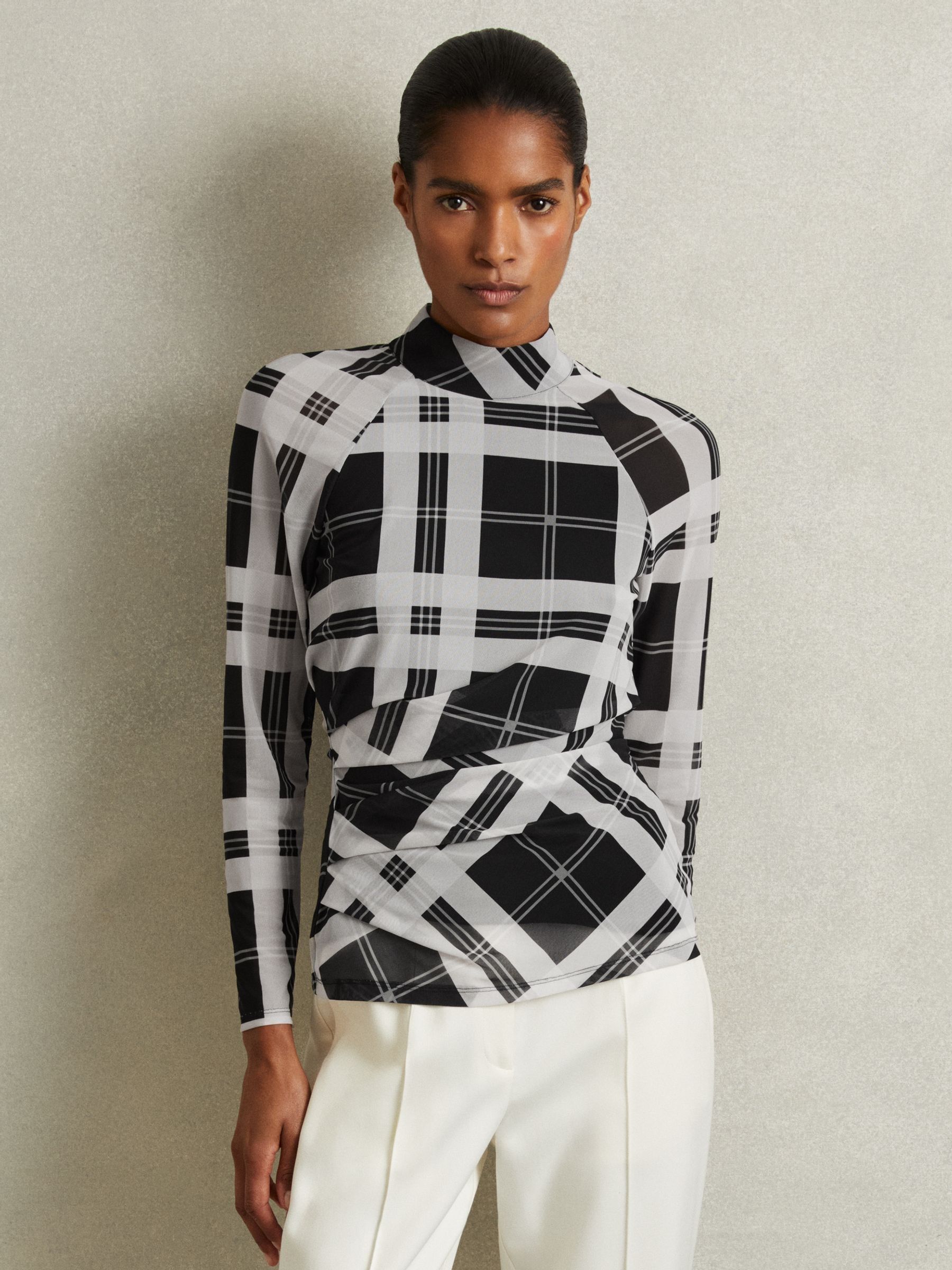Checked Ruched Top in Black/White
