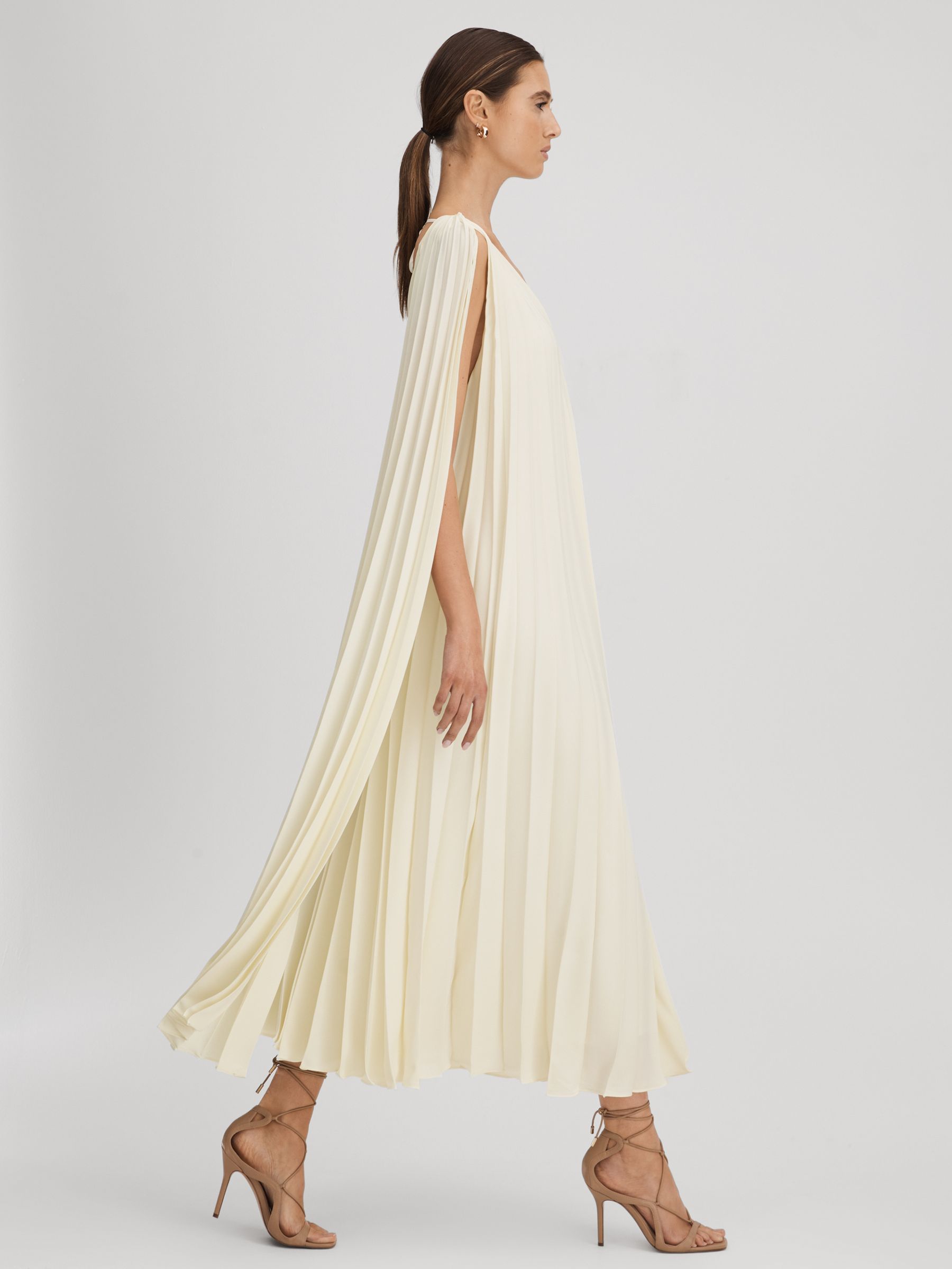 Pleated Cape Sleeve Midi Dress in Lemon