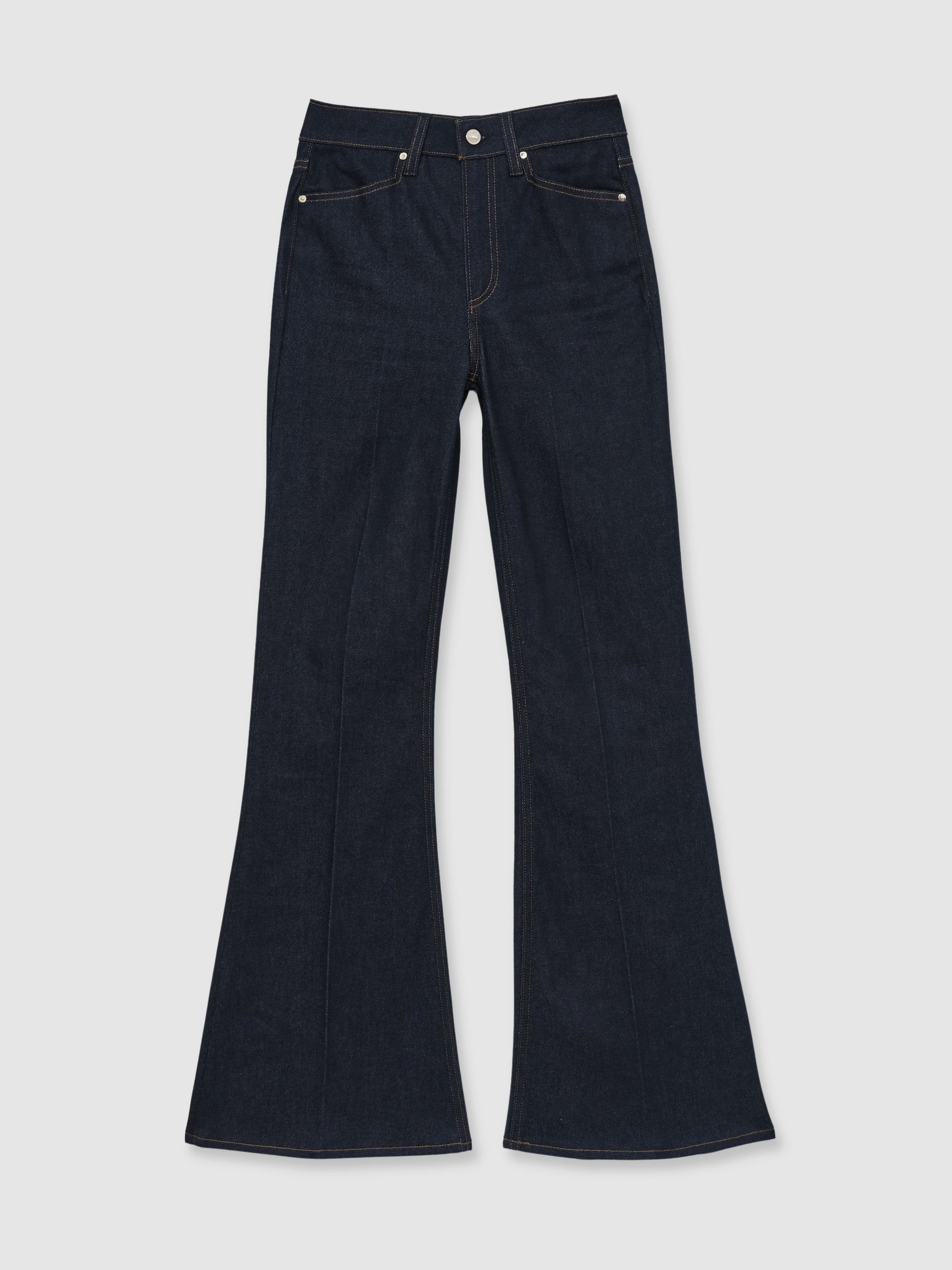 Paige Angled-Waist Flared Jeans in Kira Blue