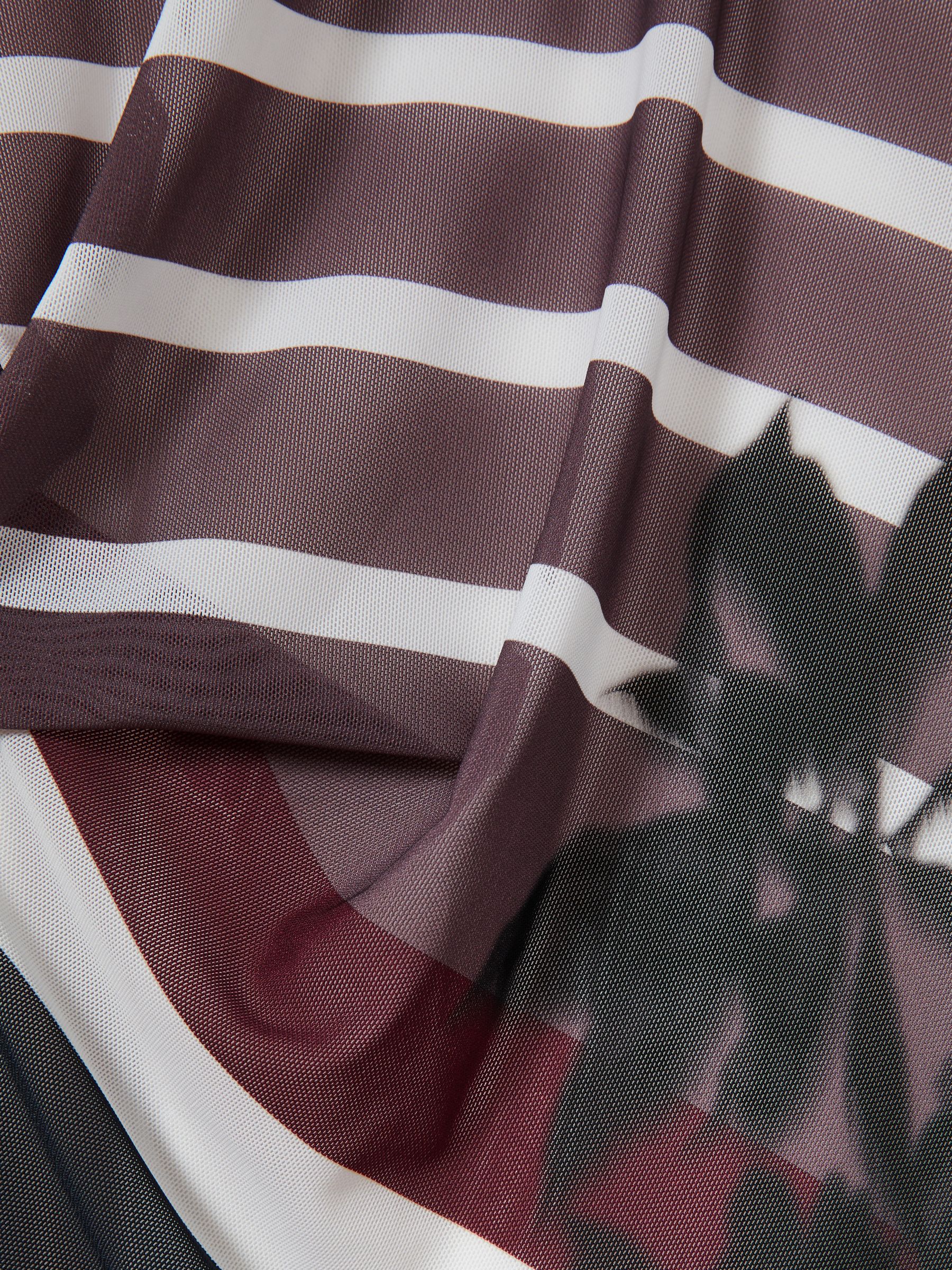 Stretch-Mesh Stripe-Print Ruched Dress in Burgundy/Black