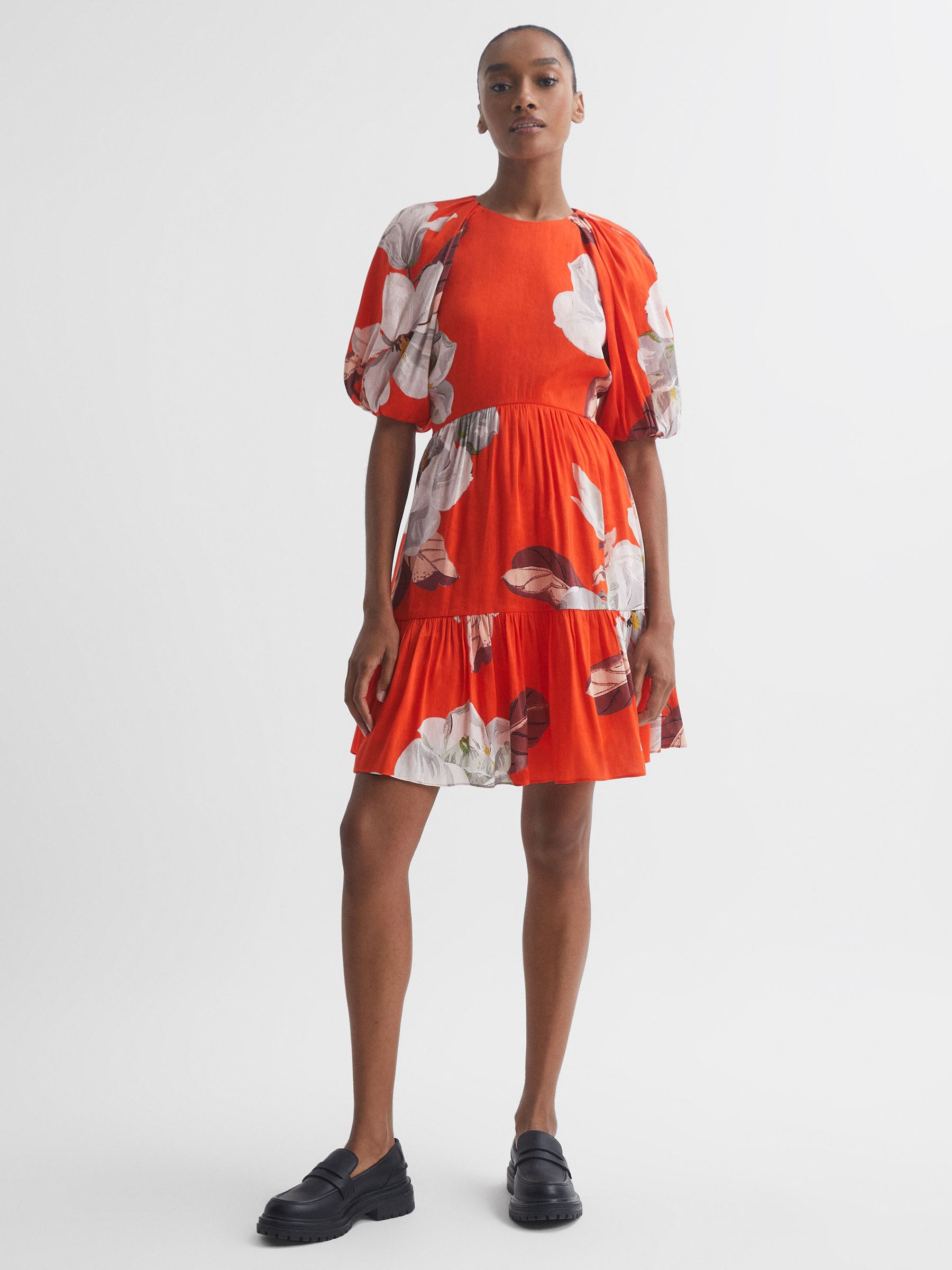 Florere Linen Silk Puff Sleeve Mini Dress in Orange
