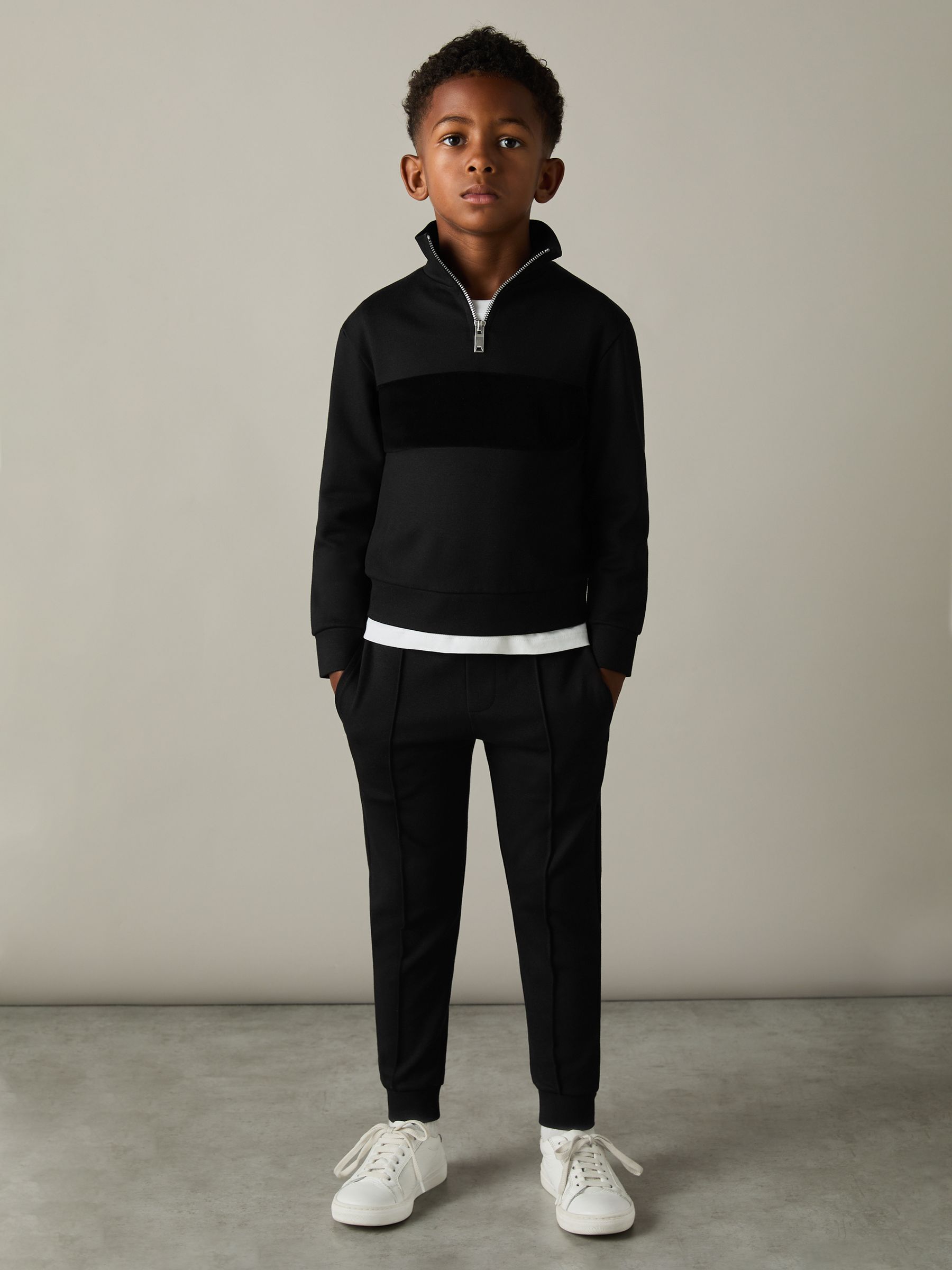 9-13 yrs Slim Fit Half-Zip Funnel Neck Velour Sweatshirt in Black