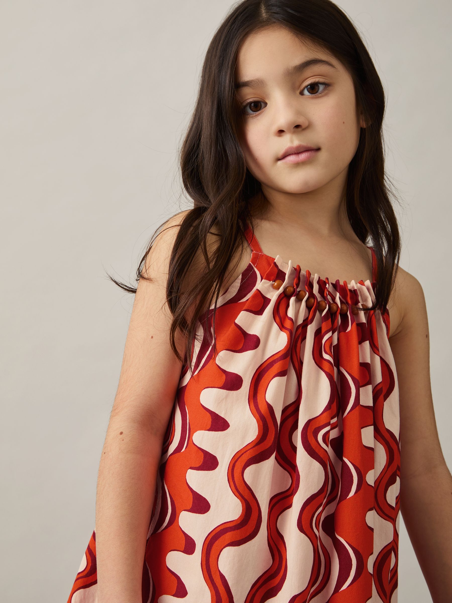 13-14 yrs Cotton Bead-Detail Printed Dress in Red