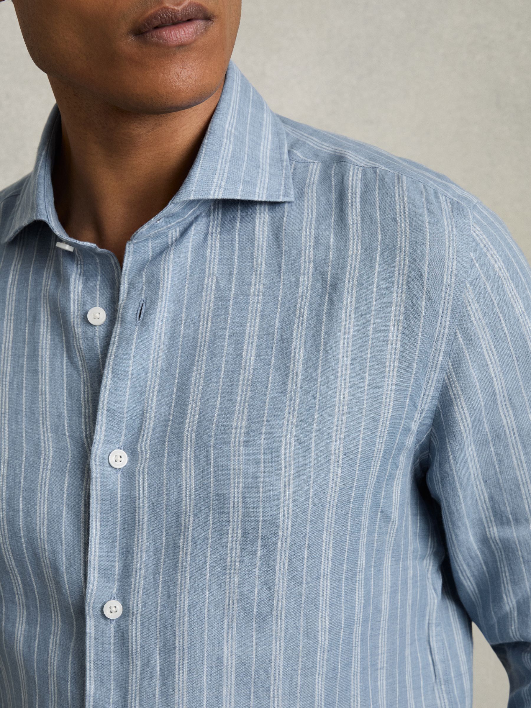 Linen Striped Long Sleeve Shirt in Airforce Blue/White Bengal Stripe