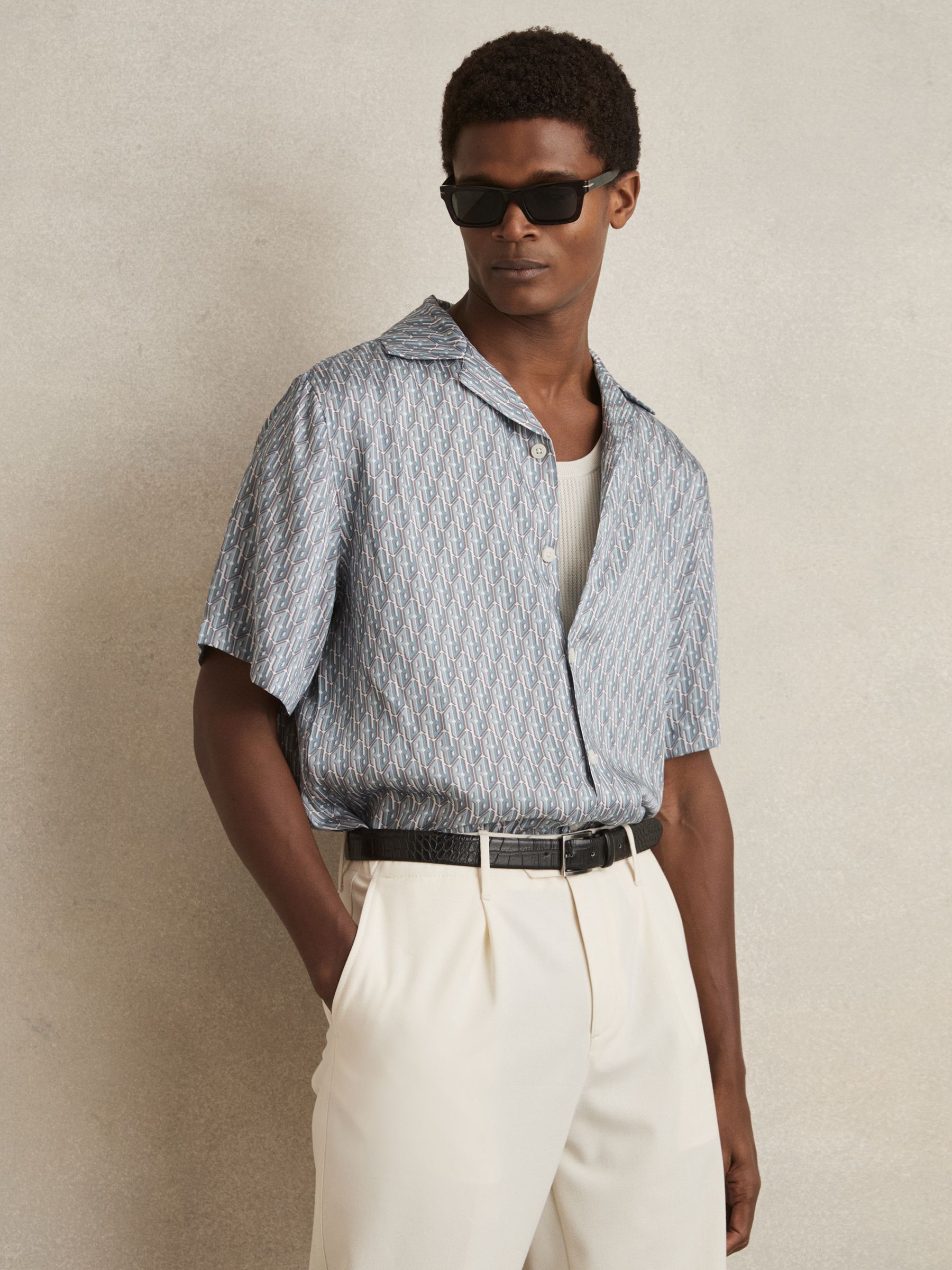 Monogram-Print Cuban-Collar Shirt in Blue