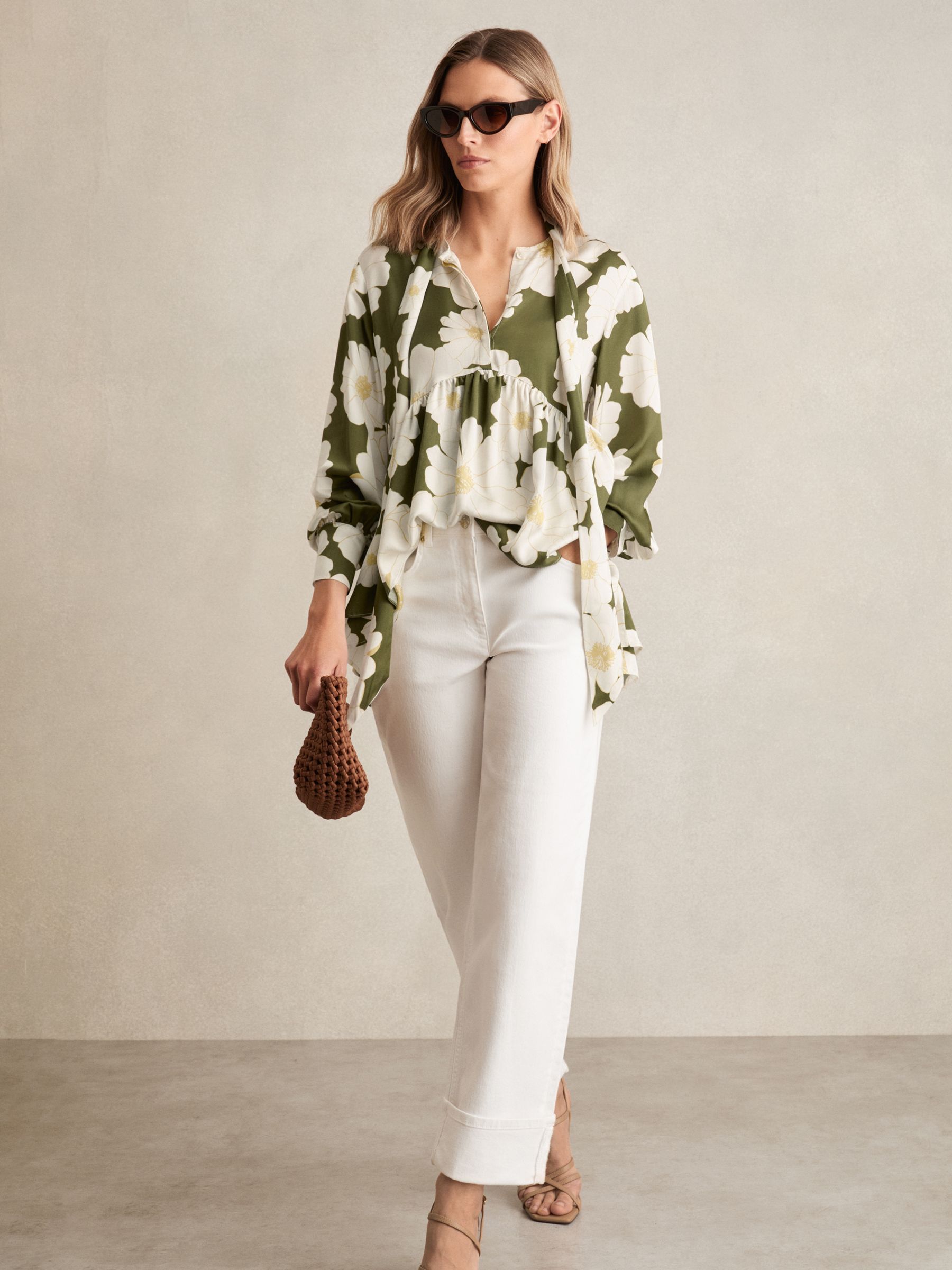 Floral Tie-Neck Swing Blouse in Ivory/Green
