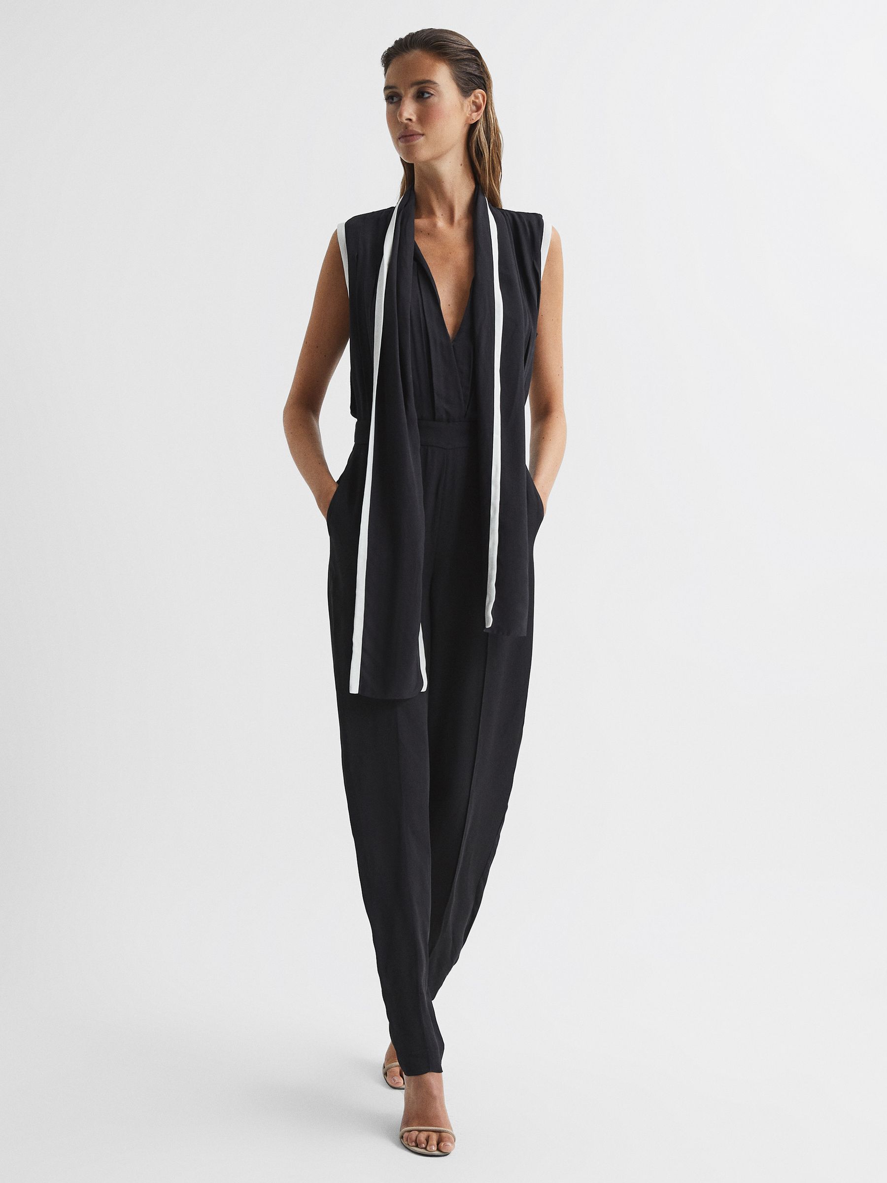 Petite Neck Tie Wide Leg Jumpsuit in Black