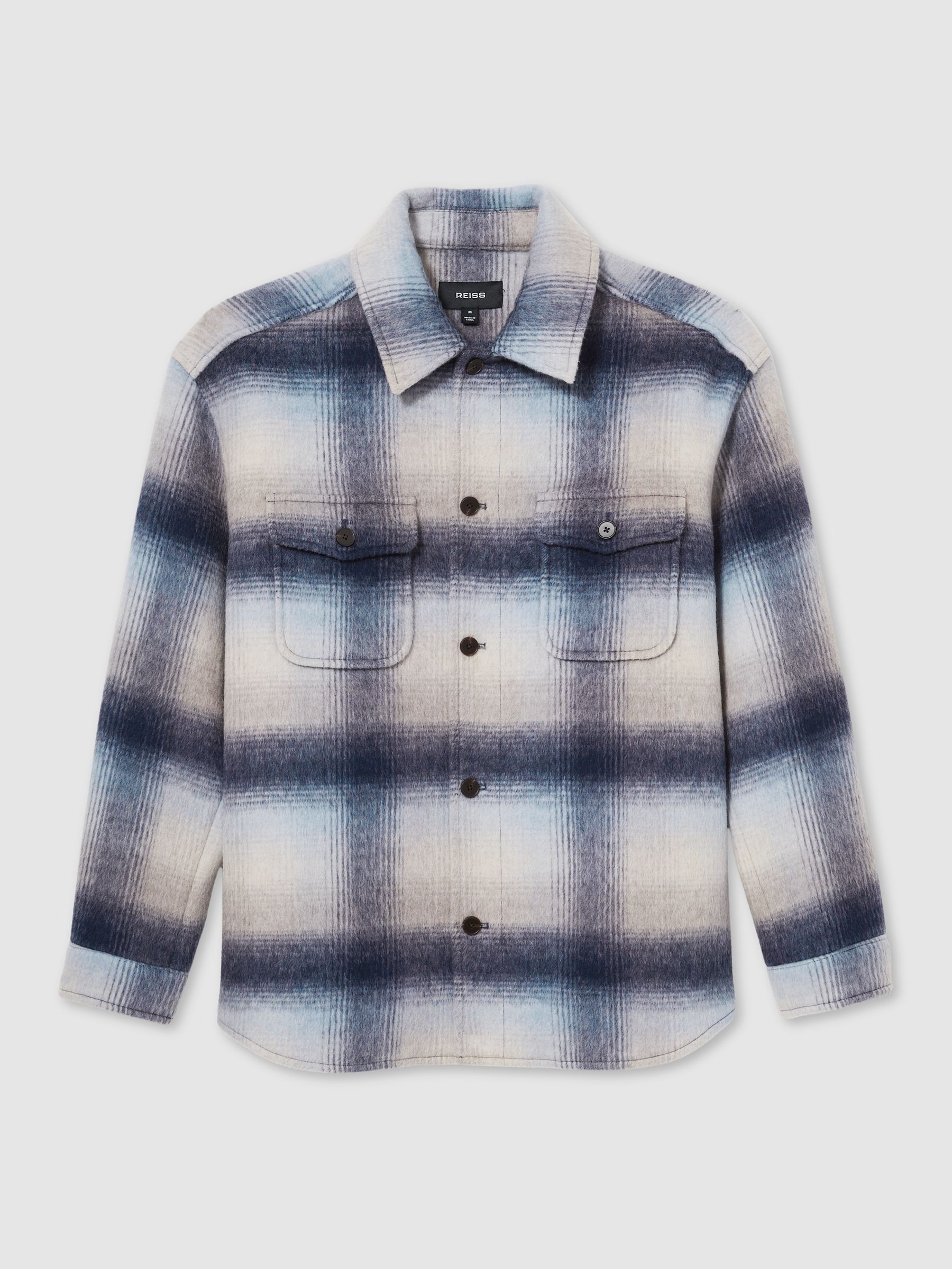 Brushed Wool-Blend Check Overshirt in Blue Multi