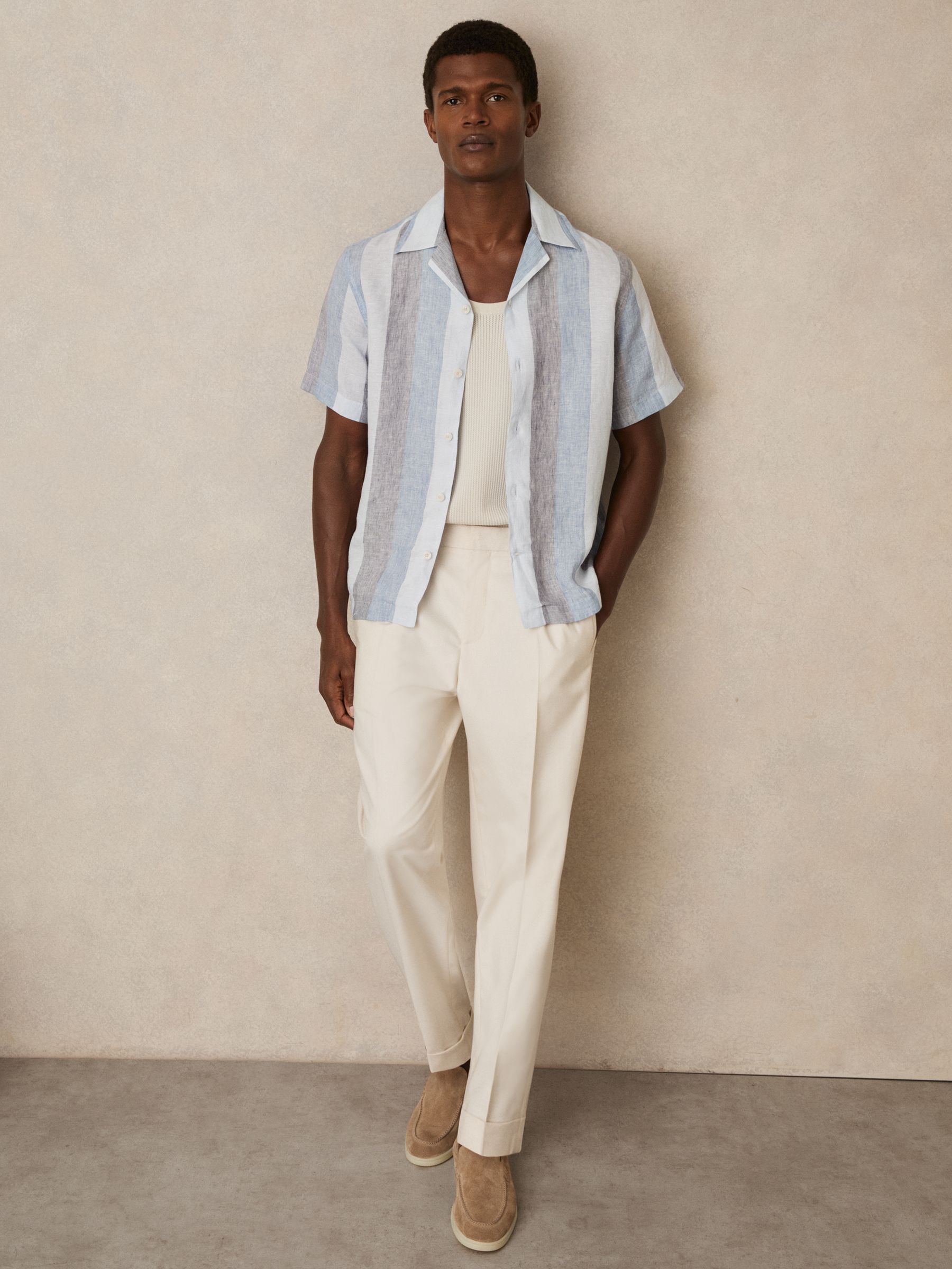 Stripe Cuban Collar Shirt in Wide Stripe Blue Multi