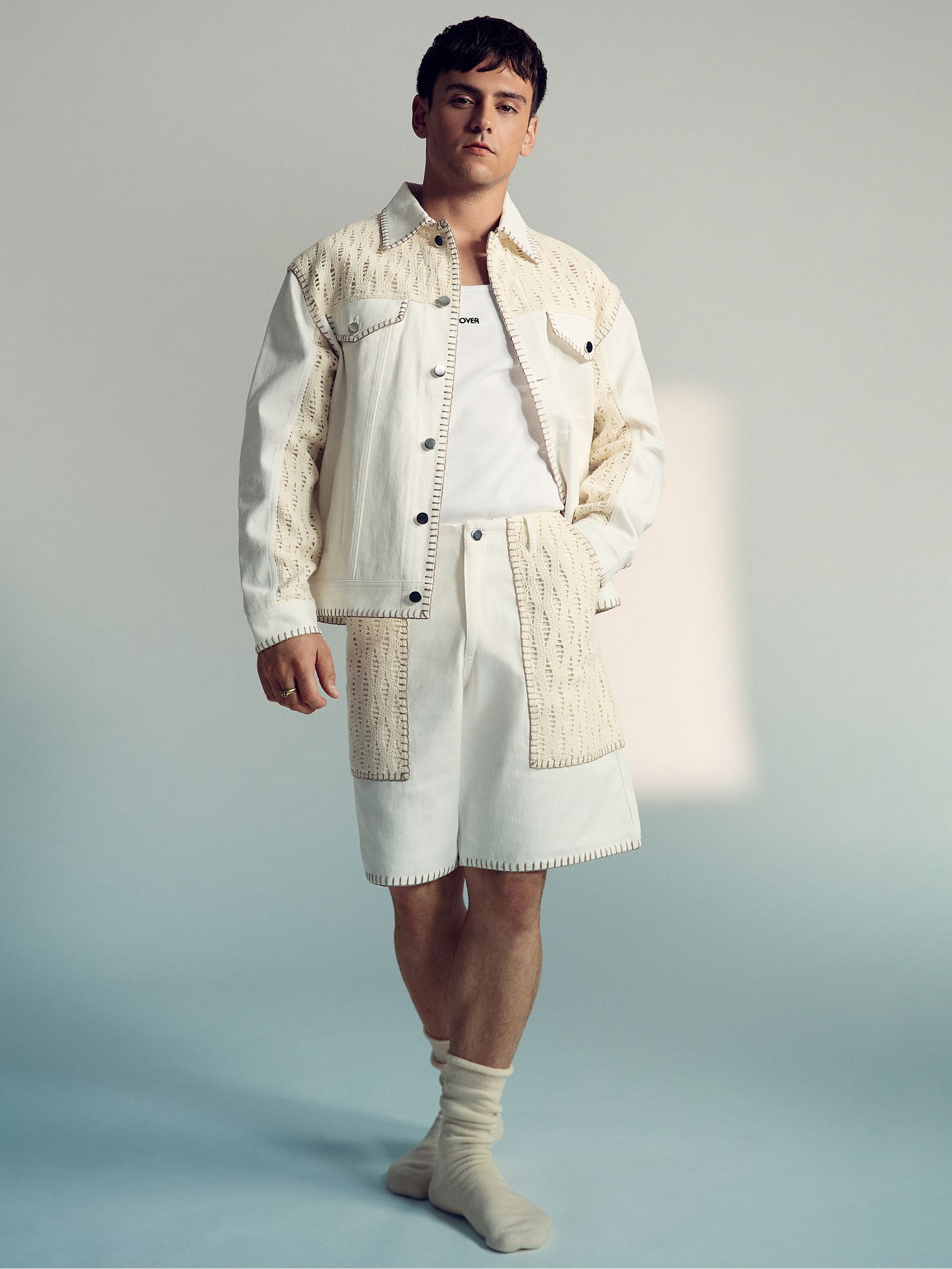 Reiss | Tom Daley Crochet Denim Jacket in Off White