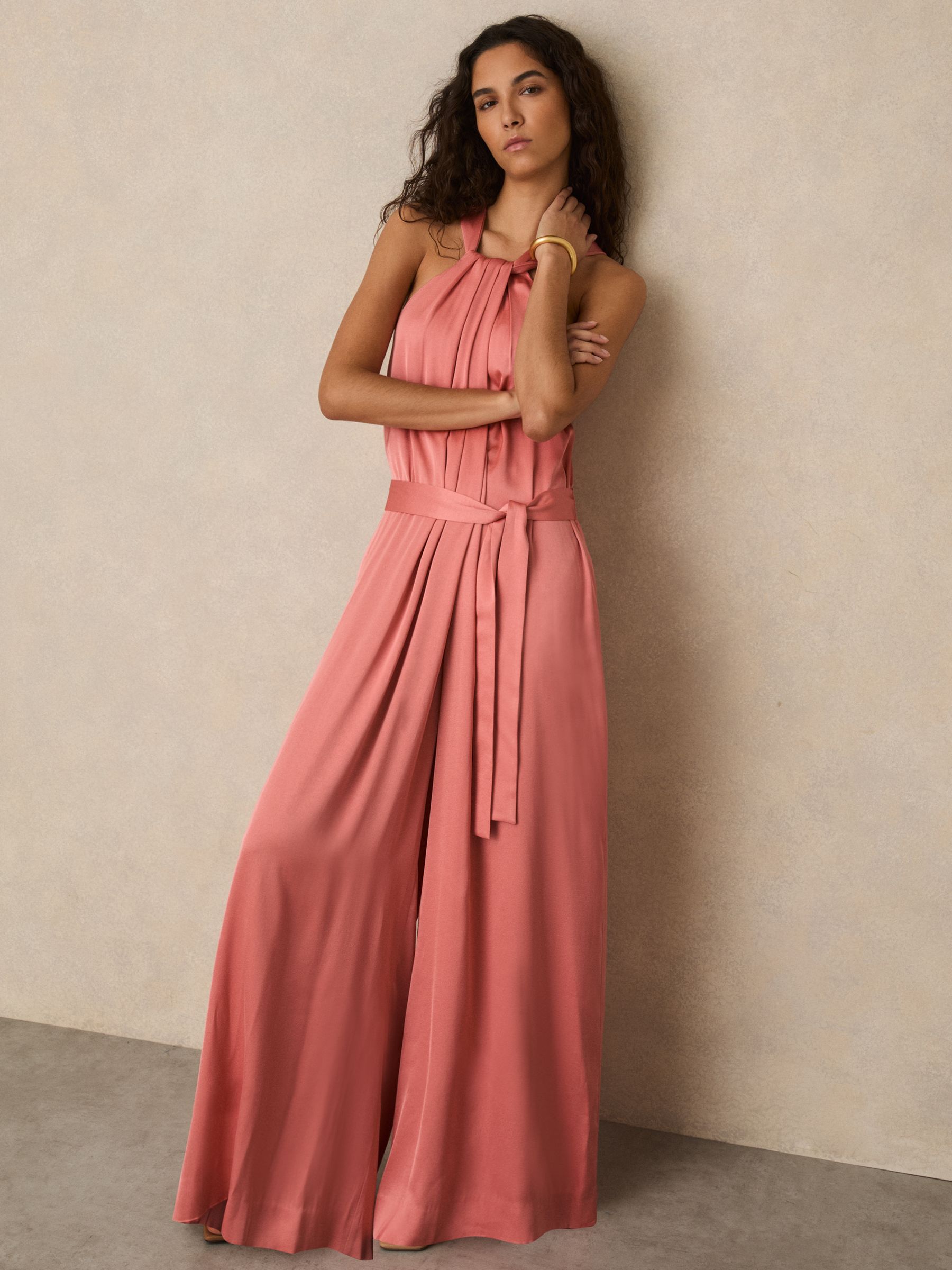 Satin Wide-Leg Draped Jumpsuit in Pink