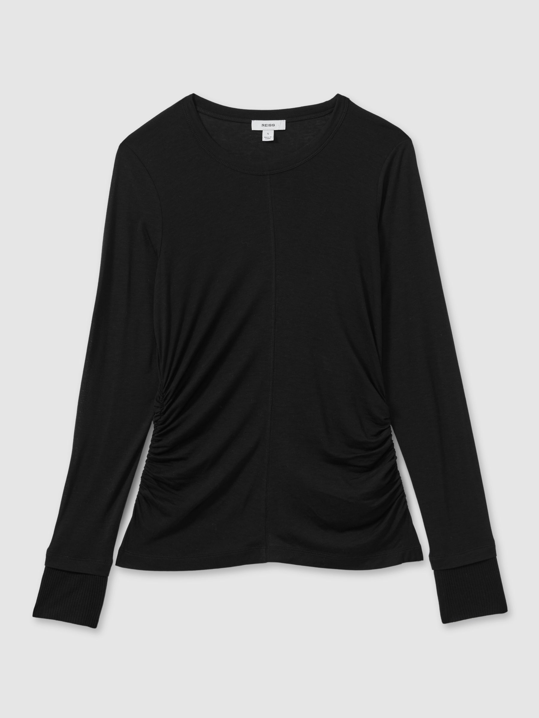 Ruched Side Crew-Neck Top in Black