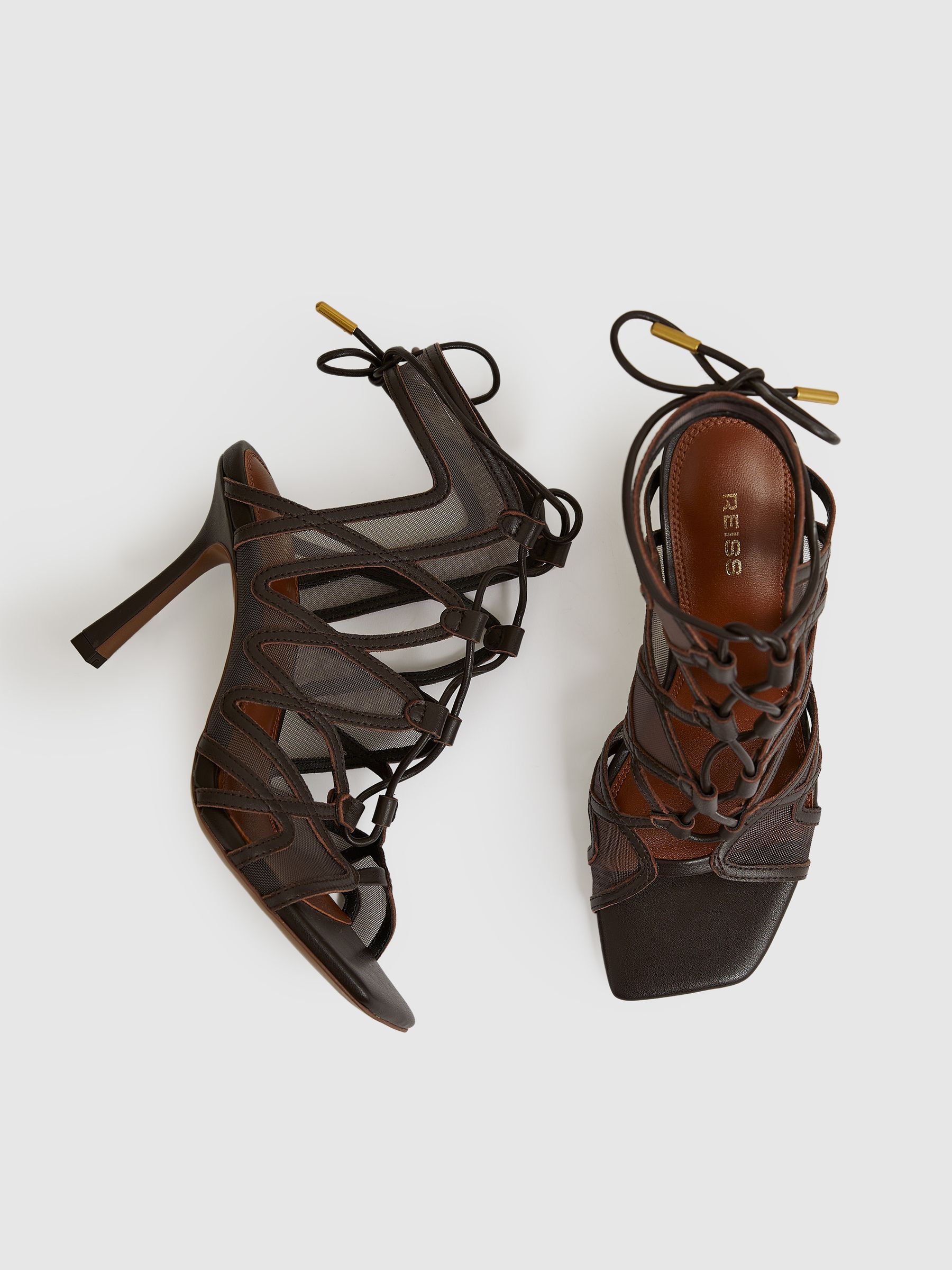 Mesh Leather Strappy Heels in Chocolate