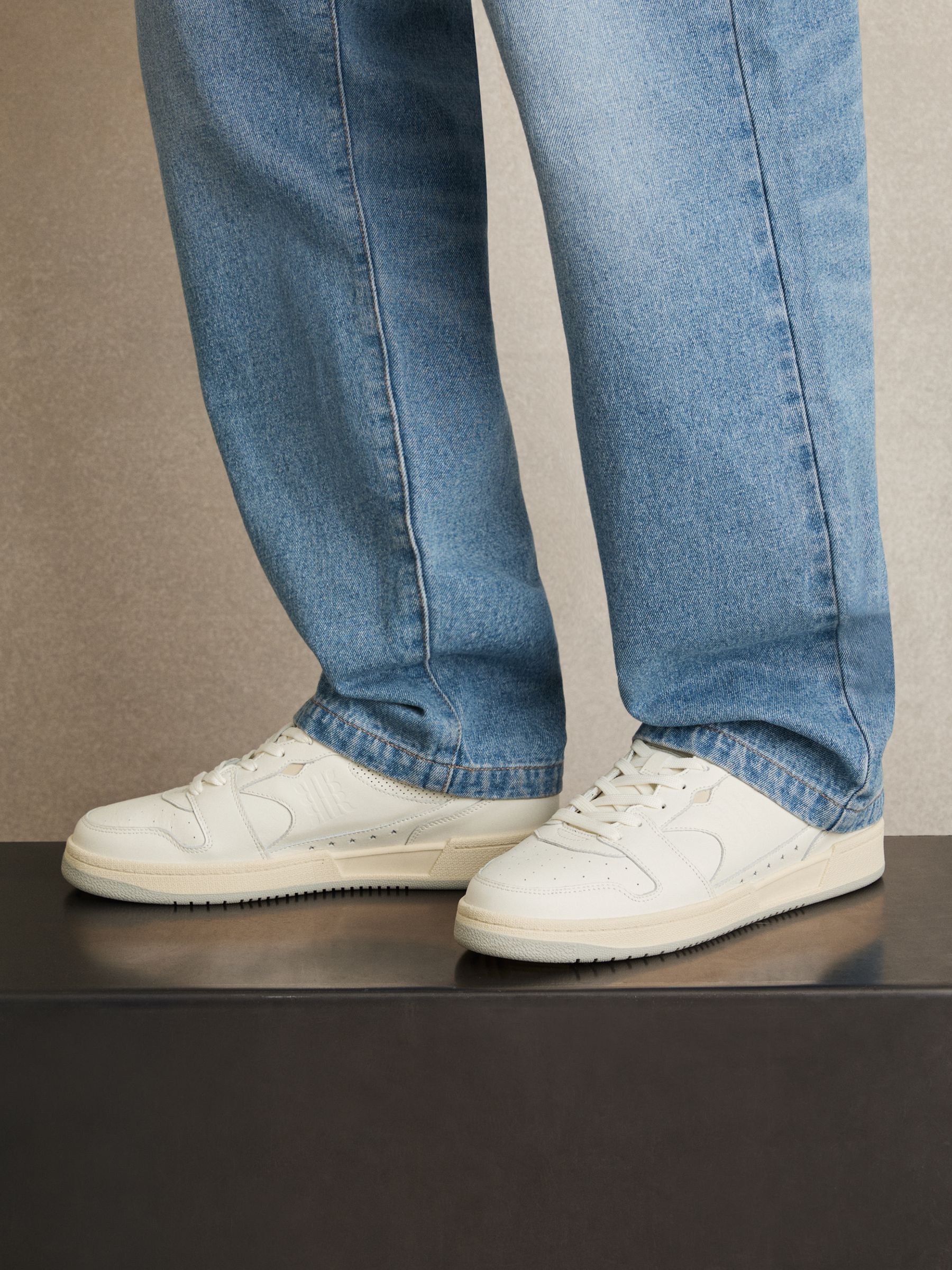 Leather Low Top Trainers in Off White/Soft Blue