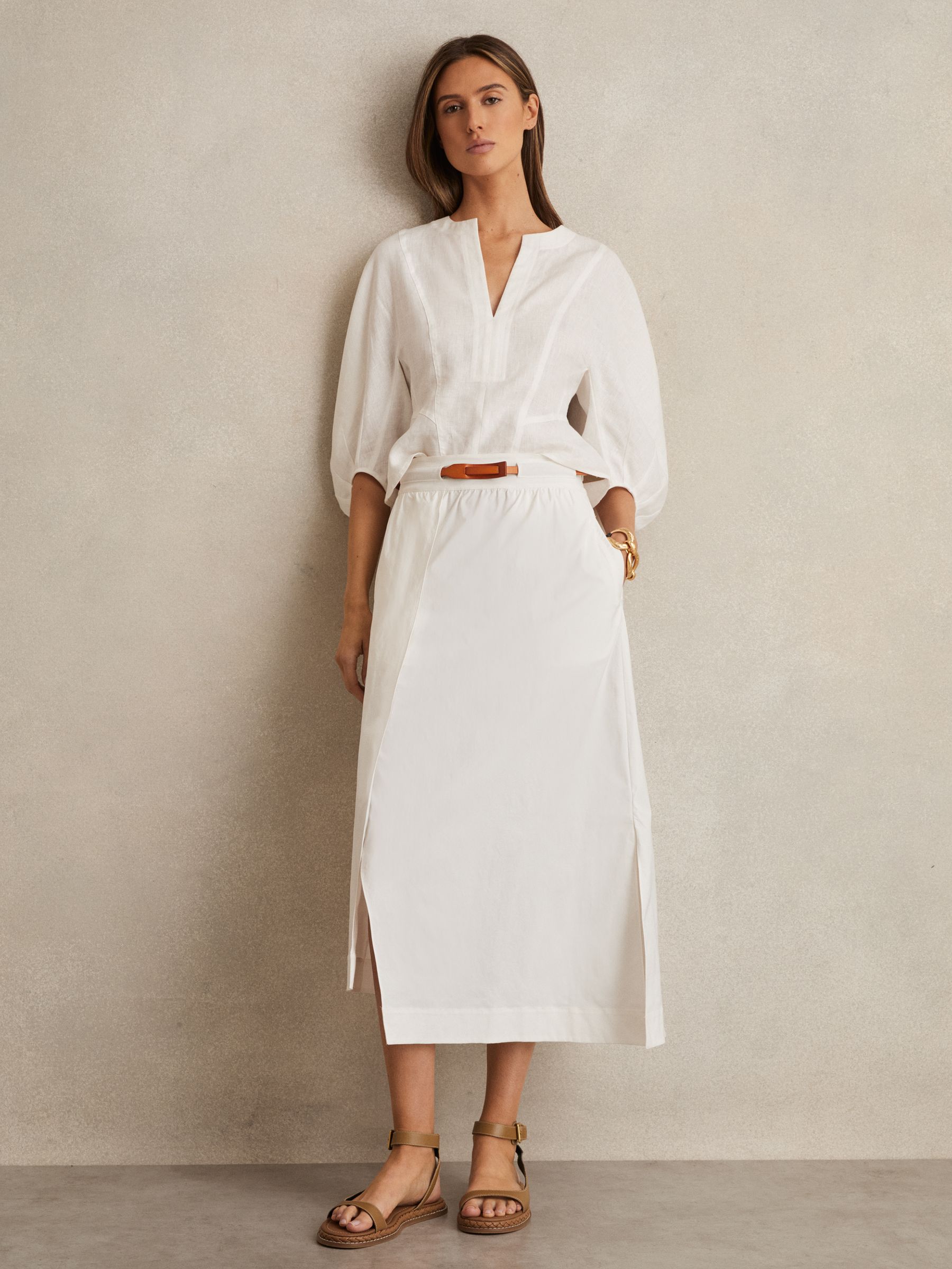 Poplin Belted Split Midi Skirt in Ivory