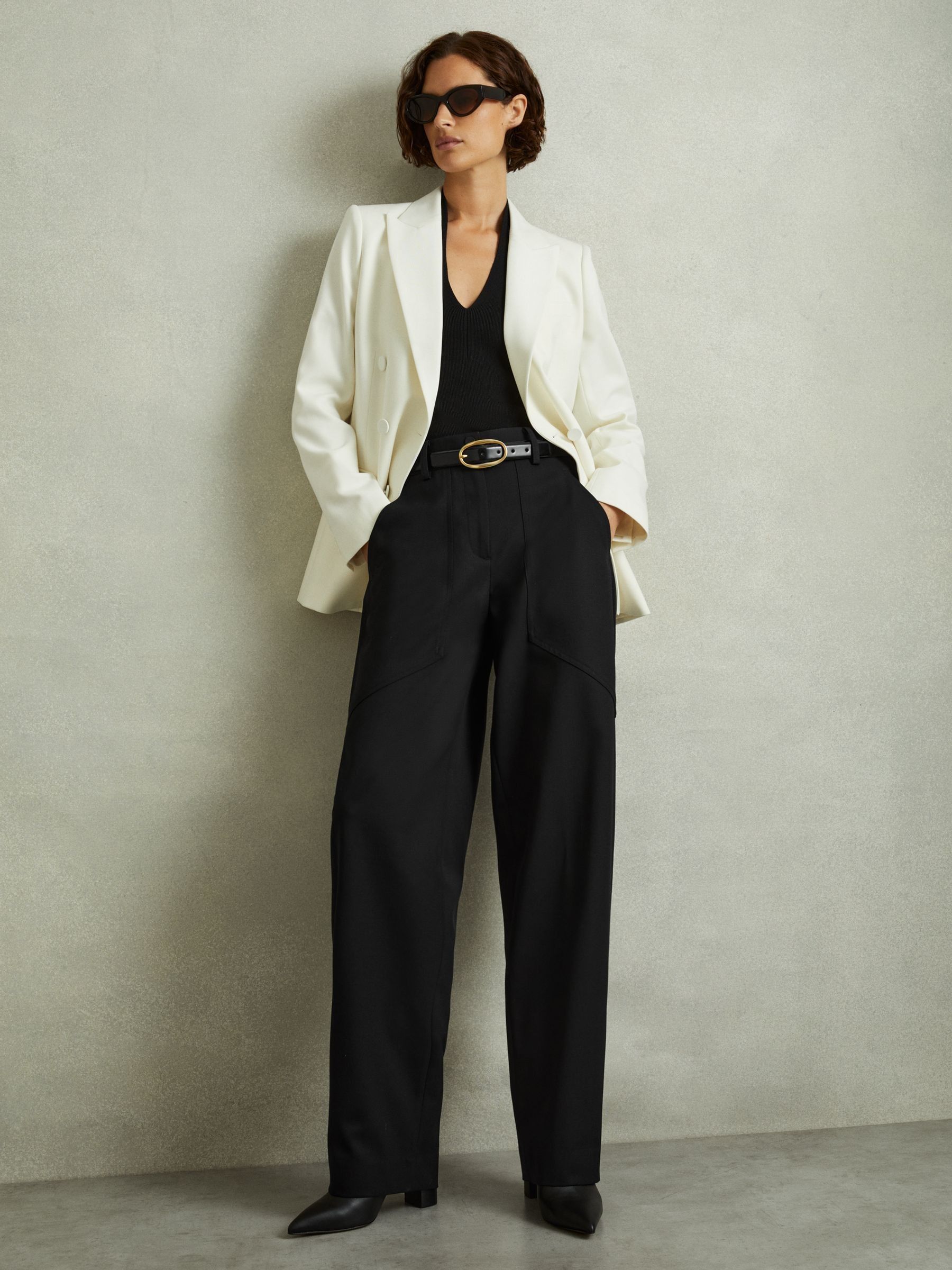Wool Blend Barrel Leg Trousers in Black