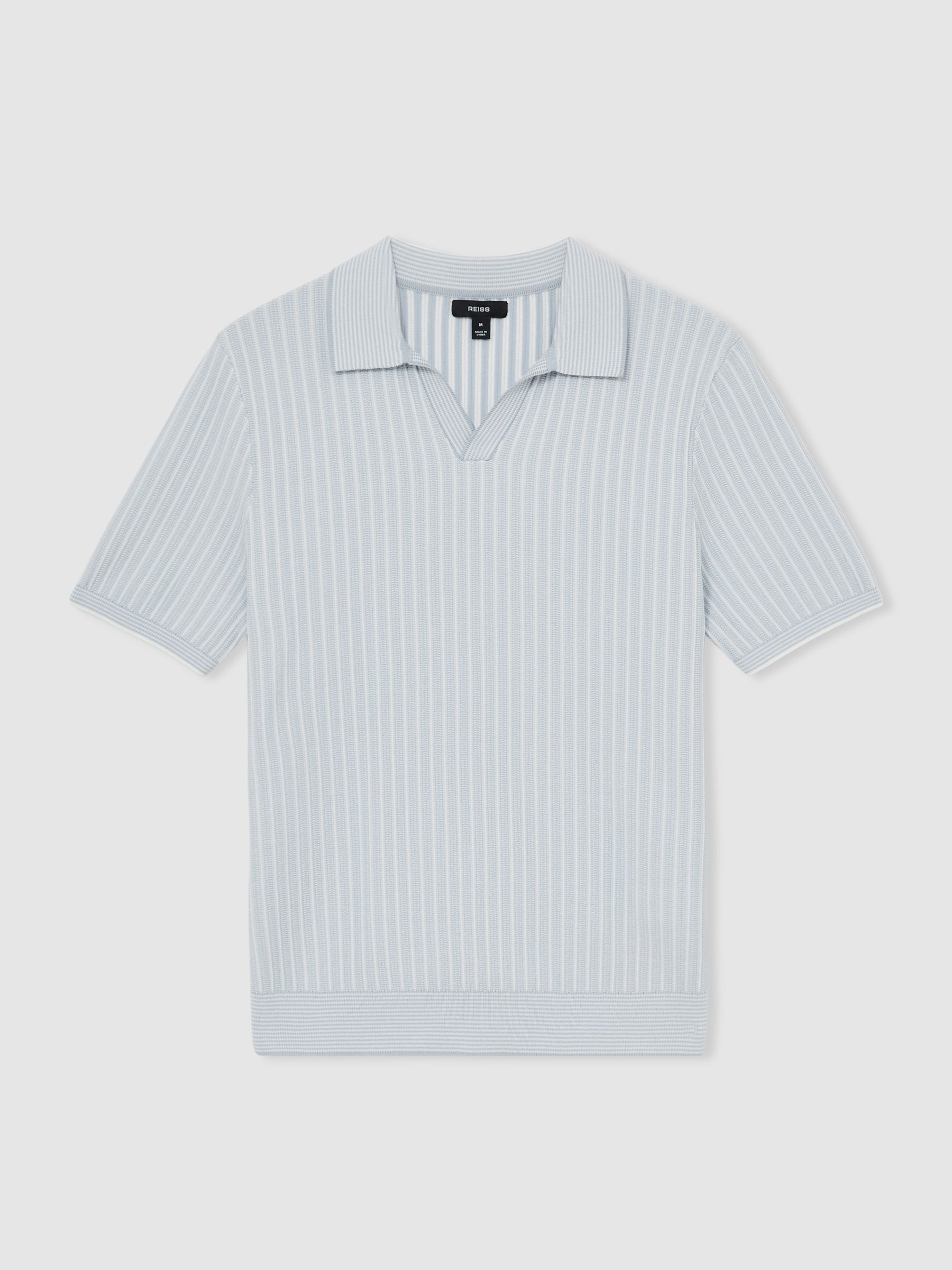 Open-Collar Textured Polo Shirt in Soft Blue/White