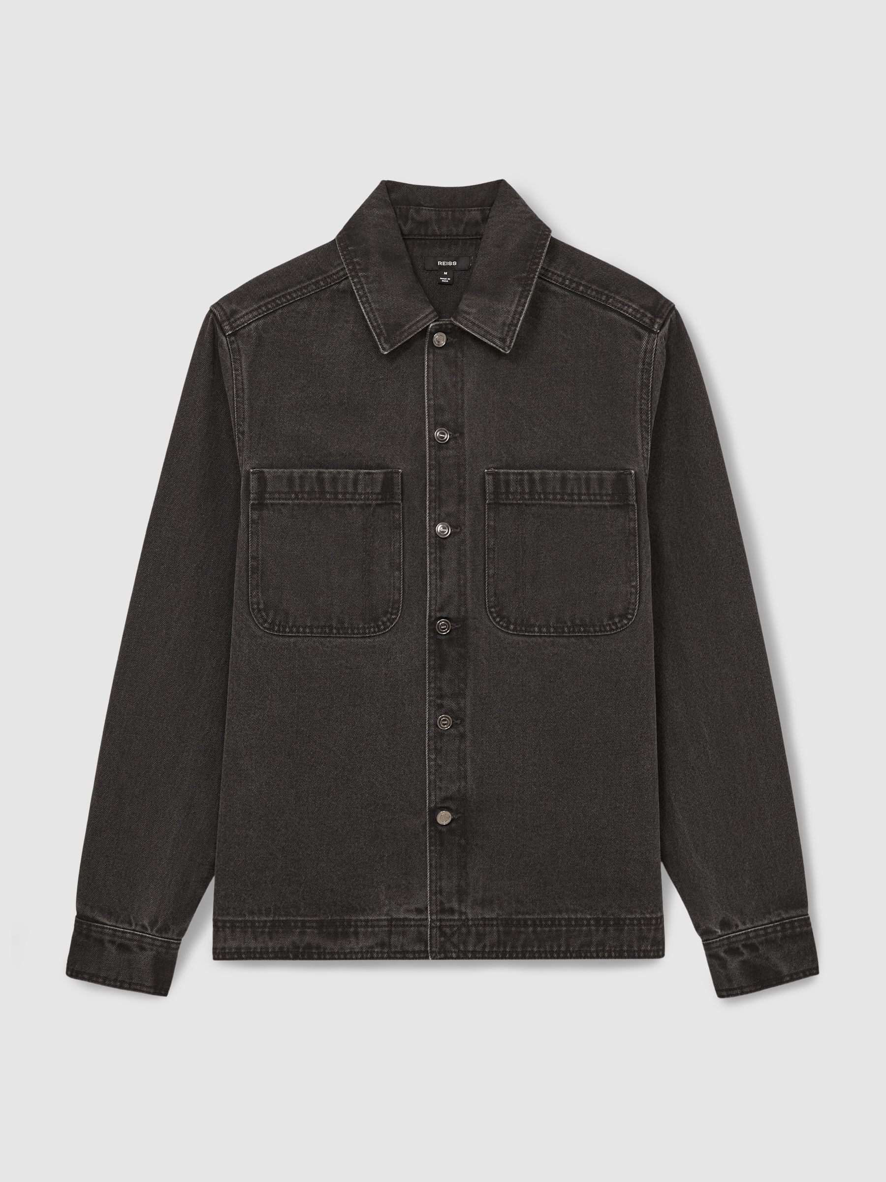 Cotton-Denim Button-Through Overshirt in Washed Black