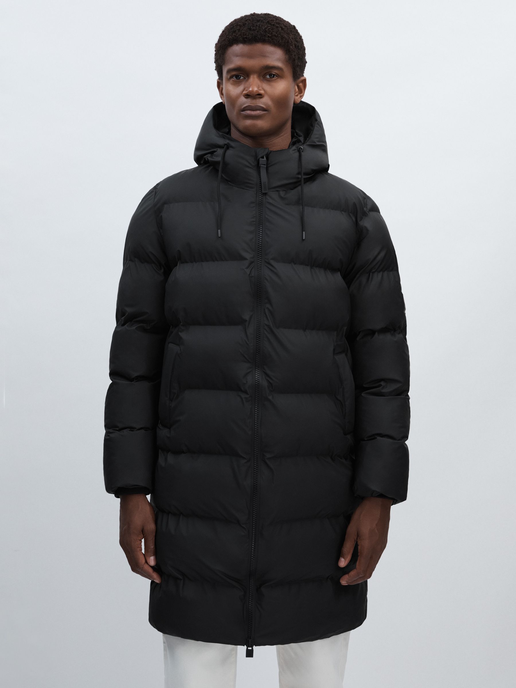 Rains Long Hooded Puffer Jacket in Black