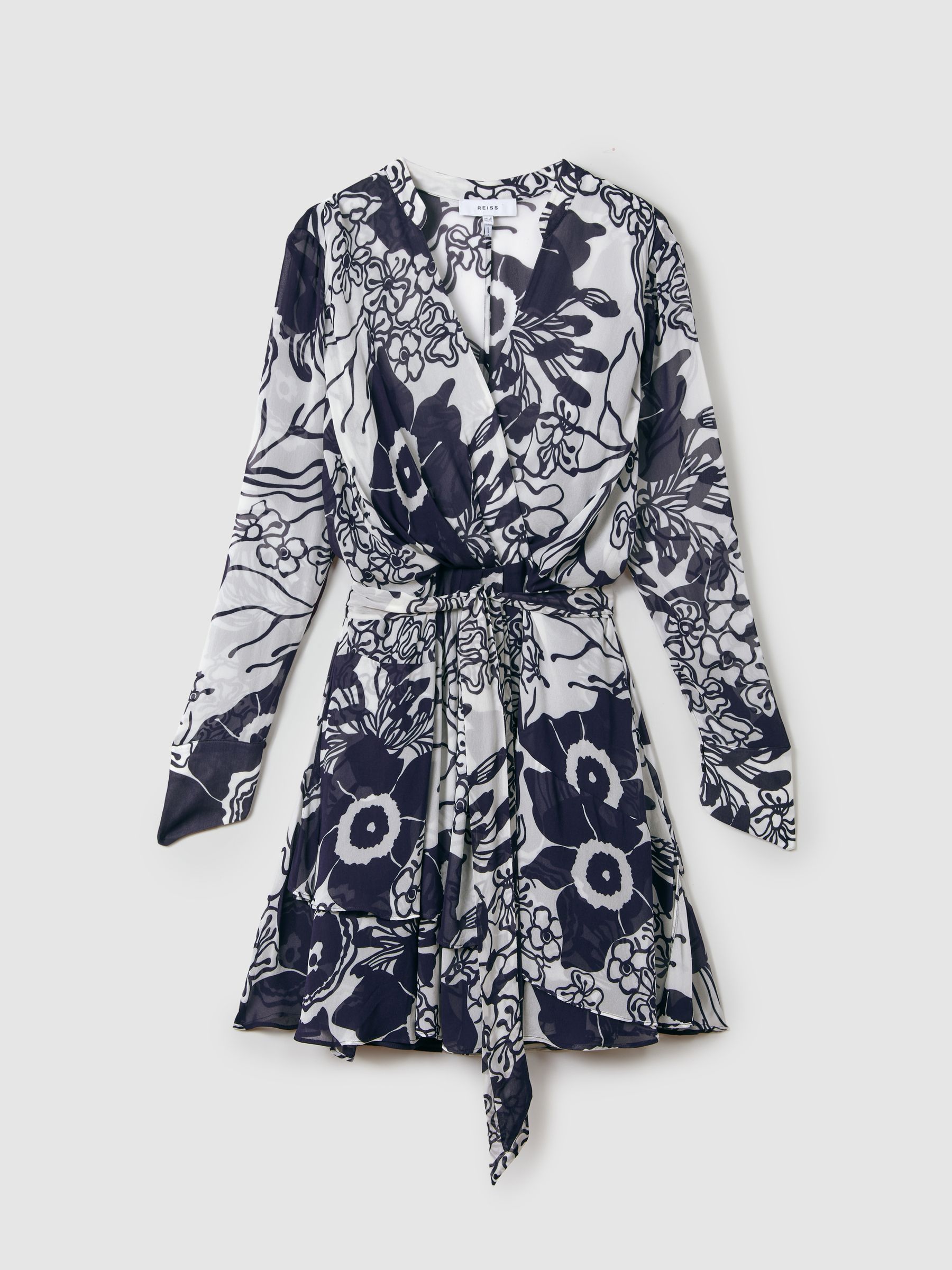 Printed Belted Mini Dress in Navy/Cream