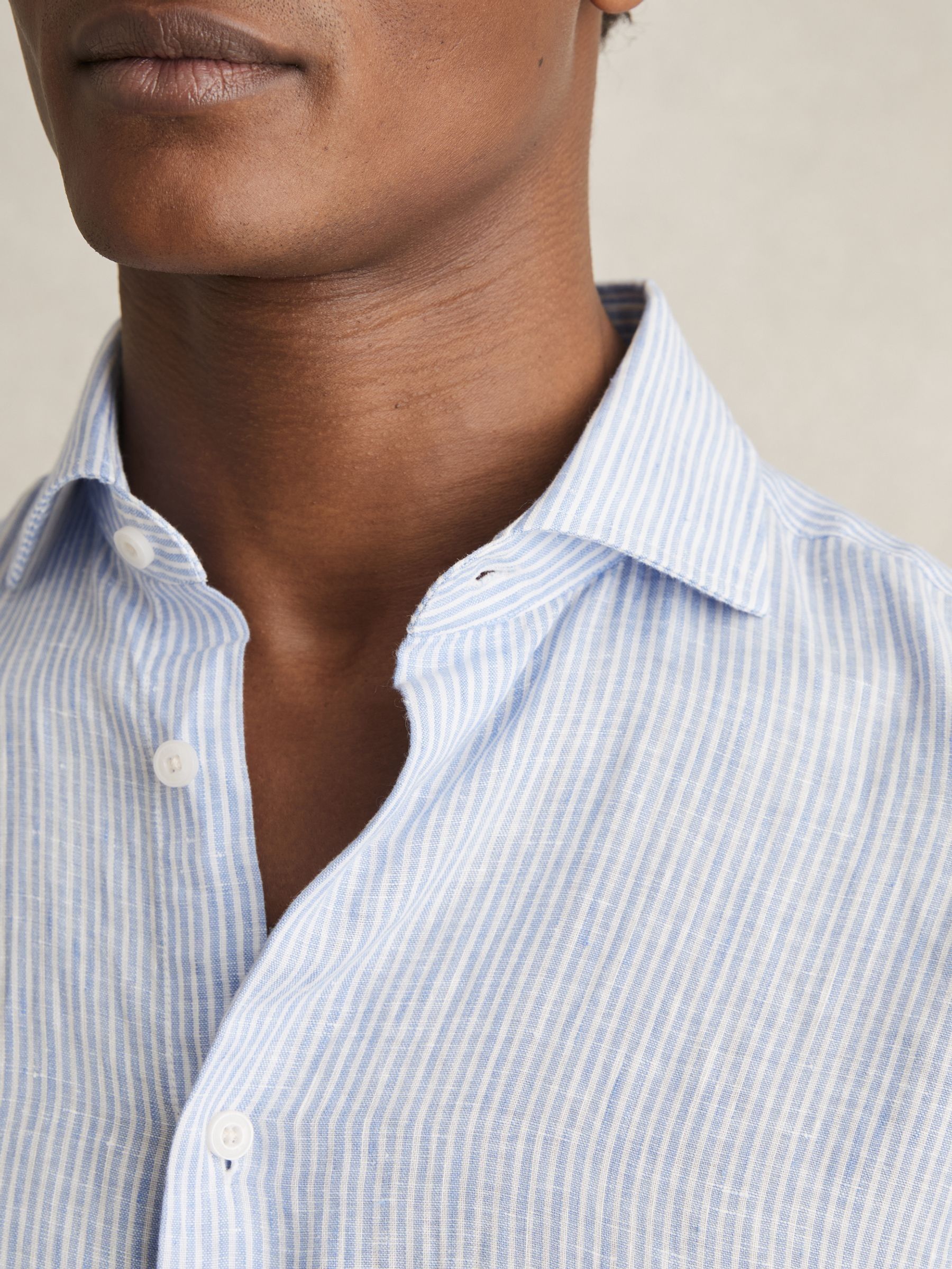 Linen Striped Long Sleeve Shirt in Soft Blue/White Fine Stripe