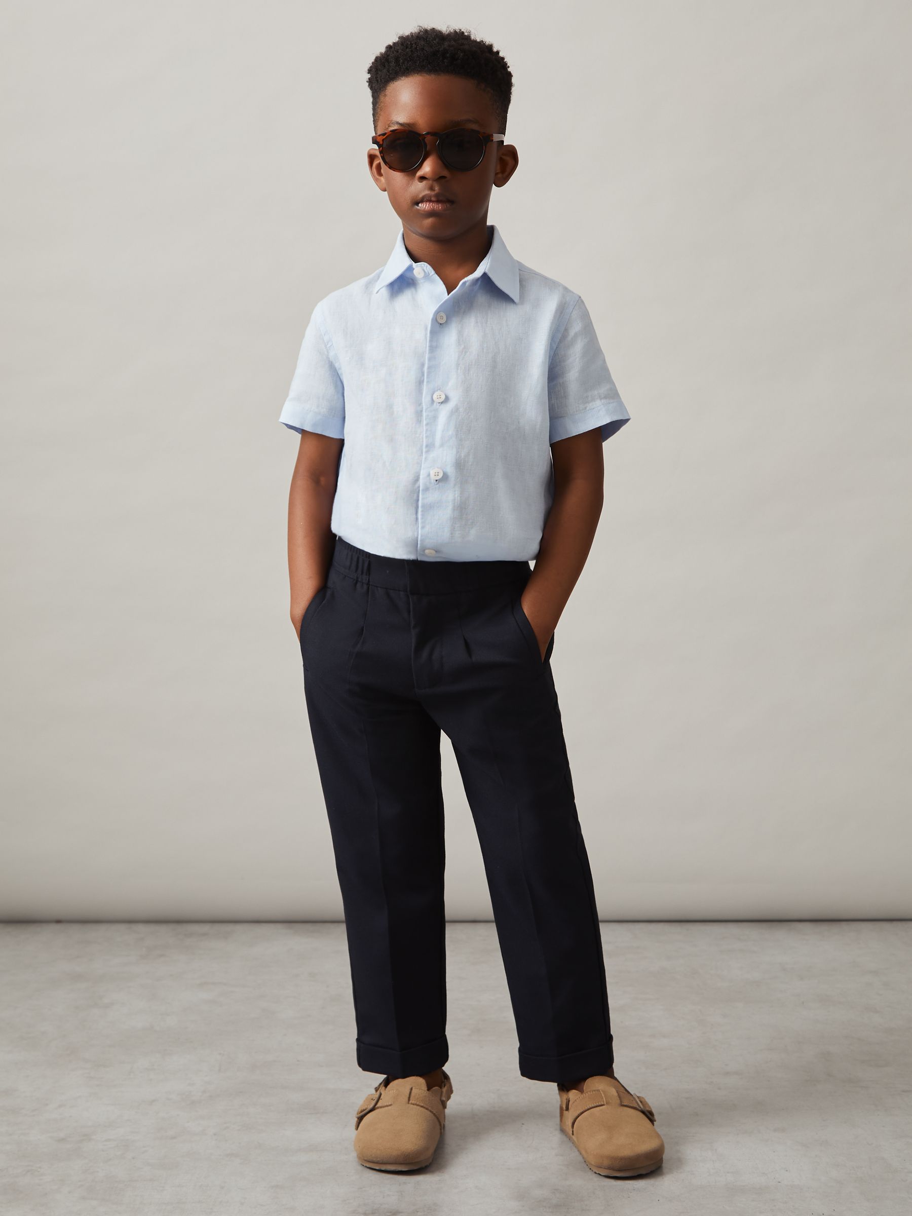 13-14 yrs Linen Short-Sleeve Shirt in Pale Blue