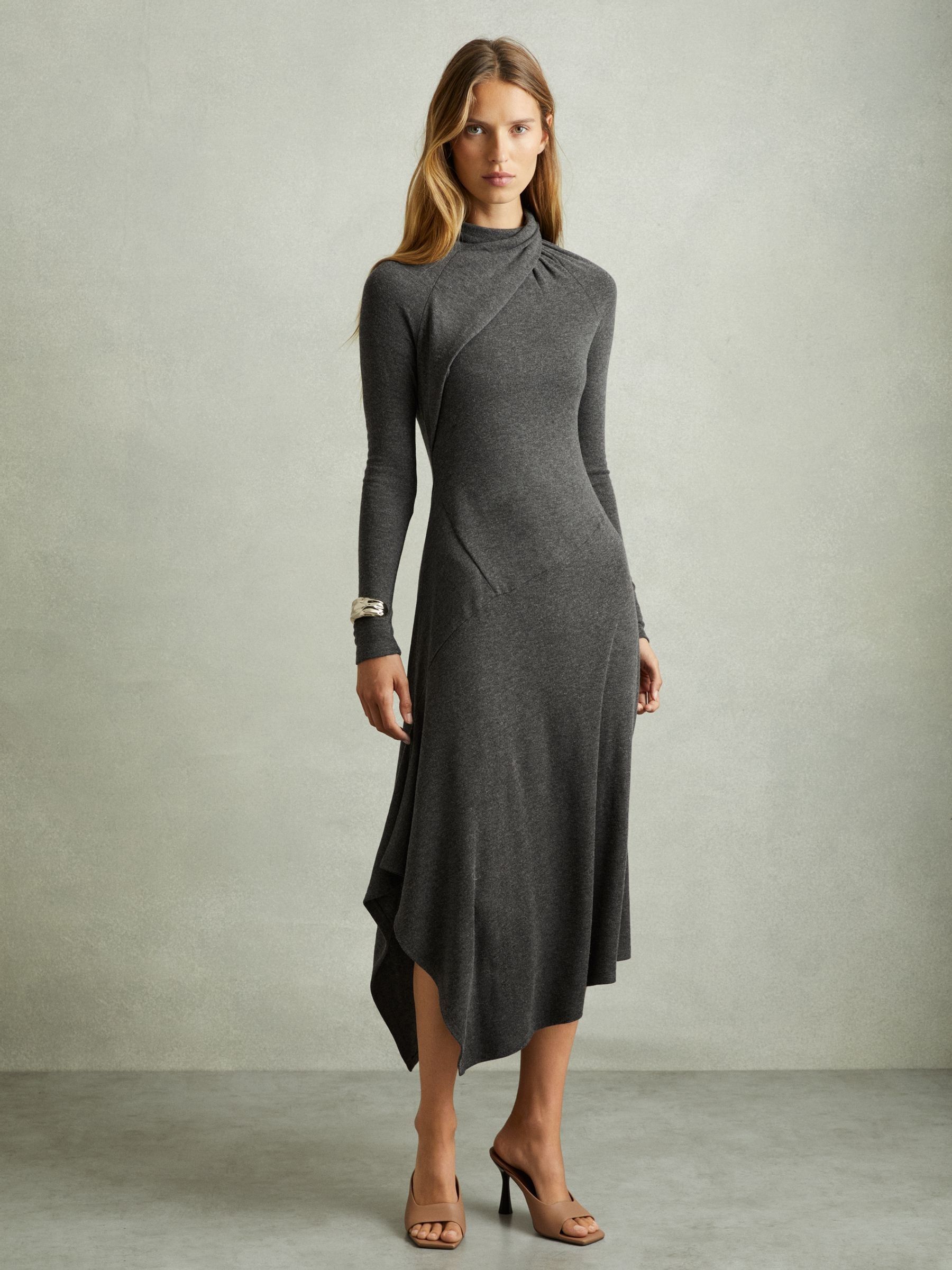 Jersey Drape Asymmetric Midi Dress in Grey