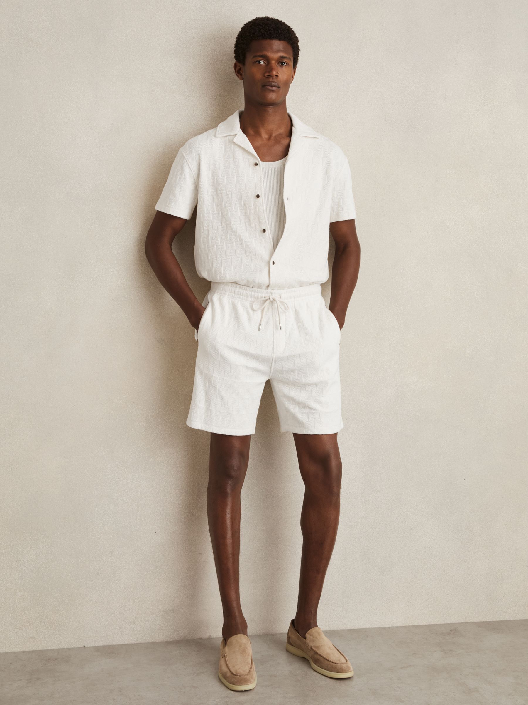 Cotton Textured Drawstring Shorts in Off White