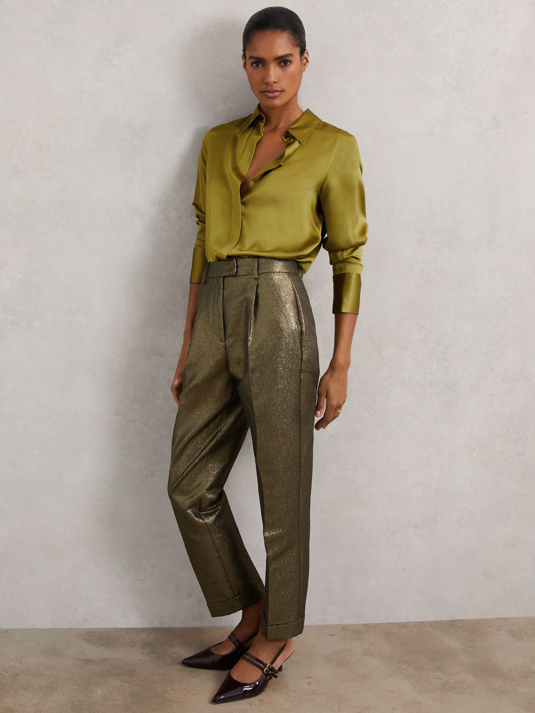 Petite Tapered Metallic Suit Trousers with Cotton in Gold