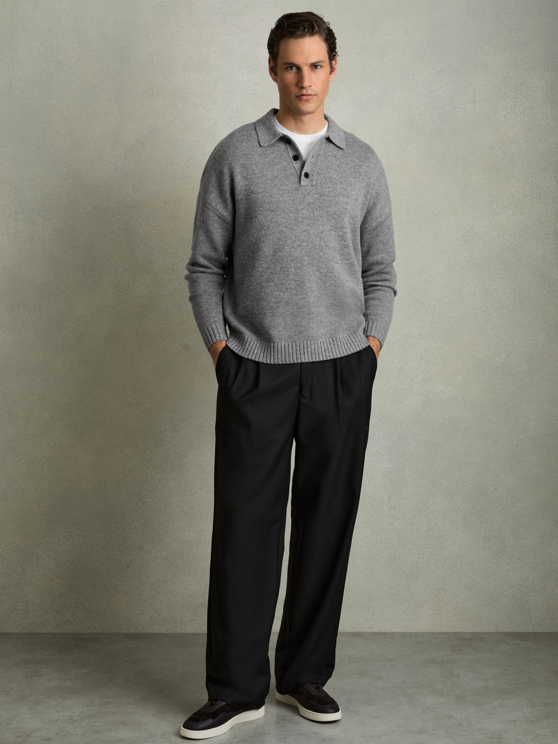 Wool Blend Long Sleeve Polo Shirt in Grey Melange