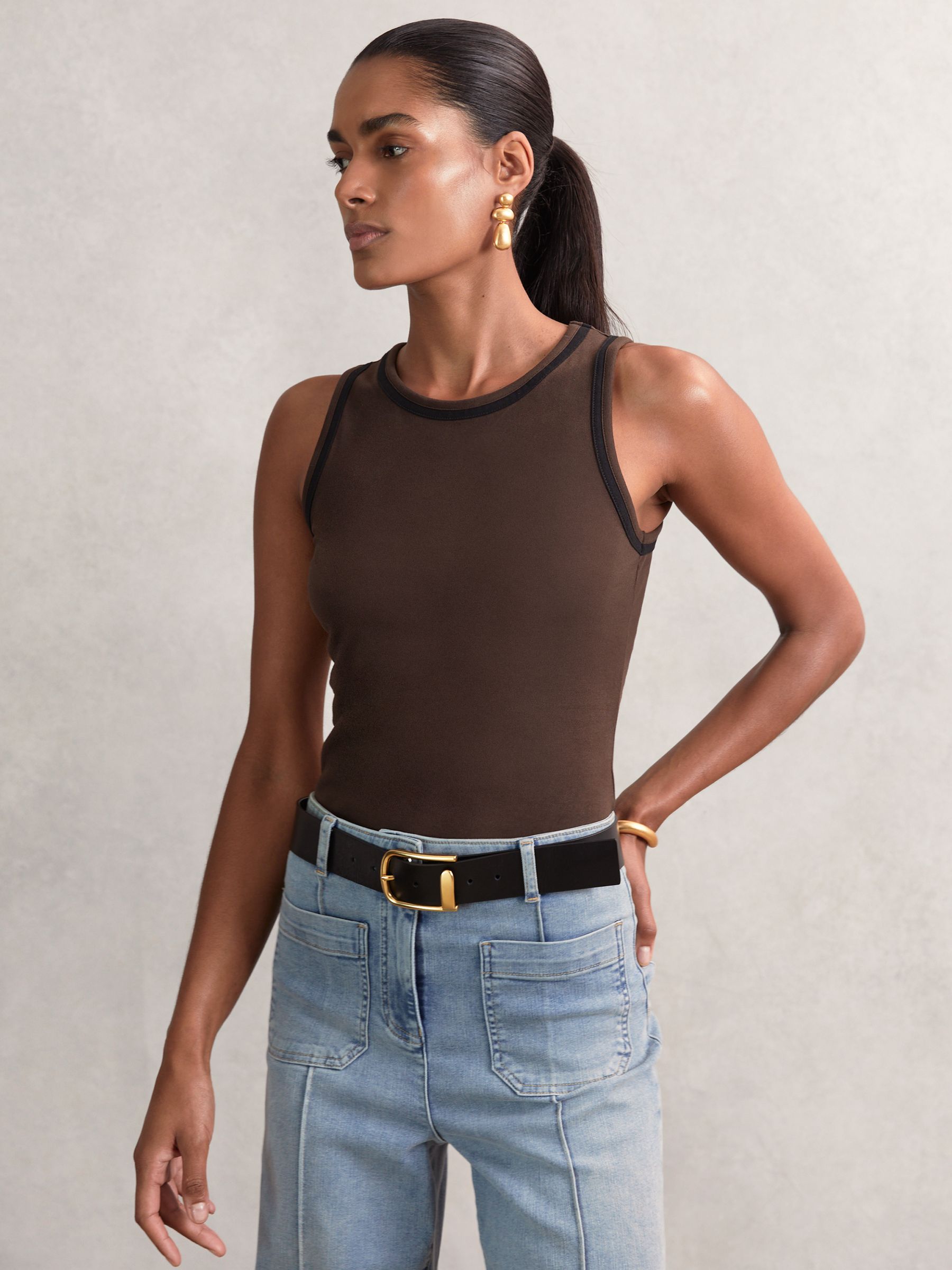 Stretch-Cotton Jersey Tipped Vest in Chocolate Brown/Black