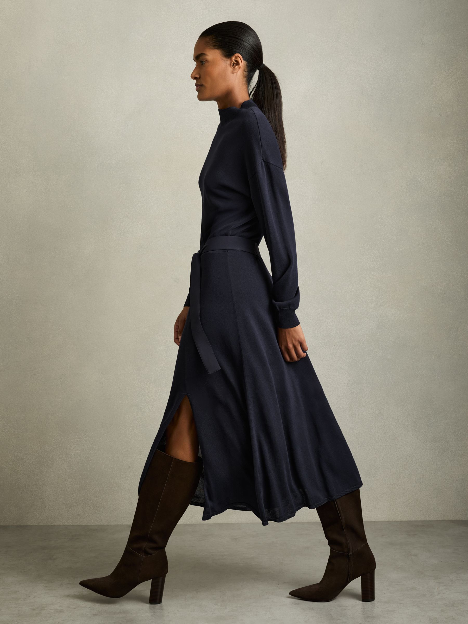 Petite Compact-Knit Belted Midi Dress in Navy