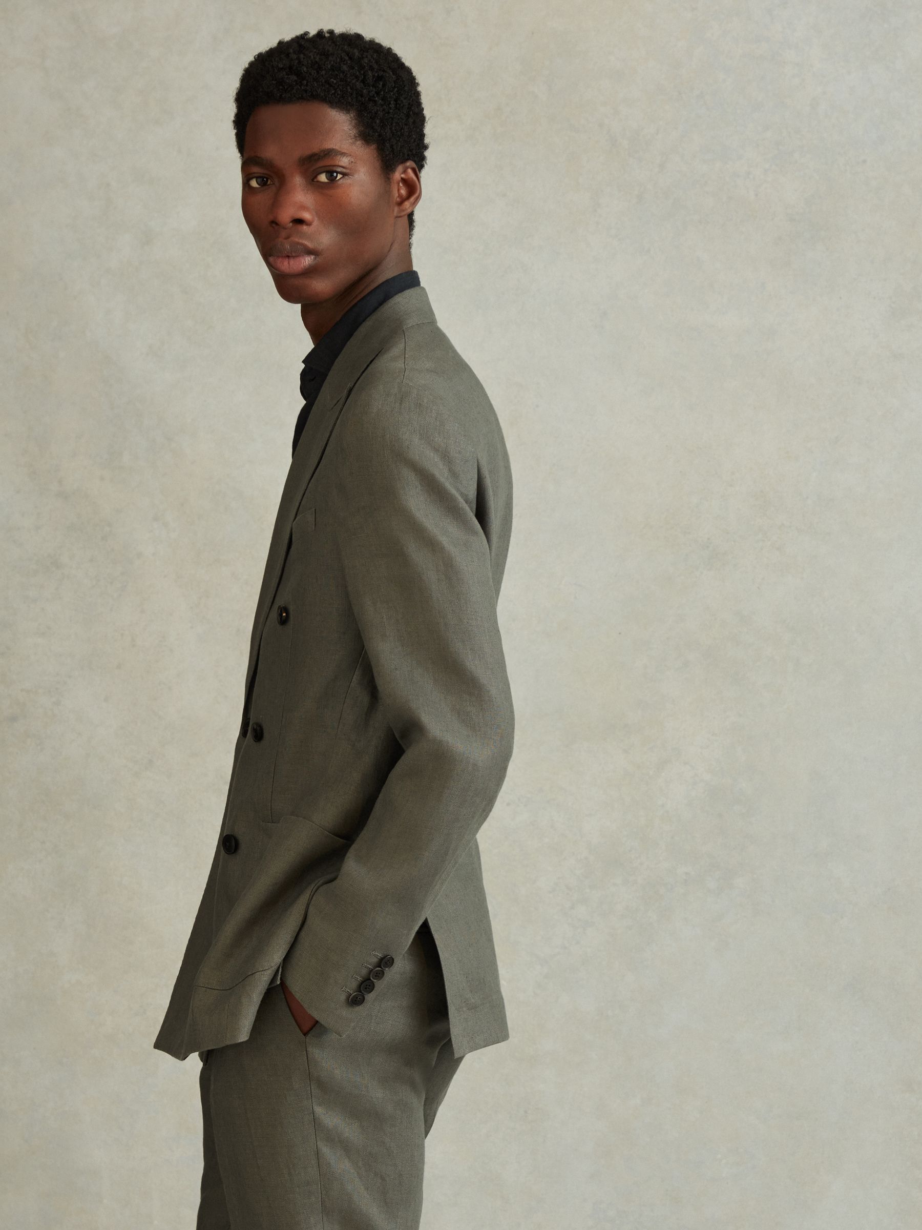 Linen Double Breasted Blazer in Dark Sage