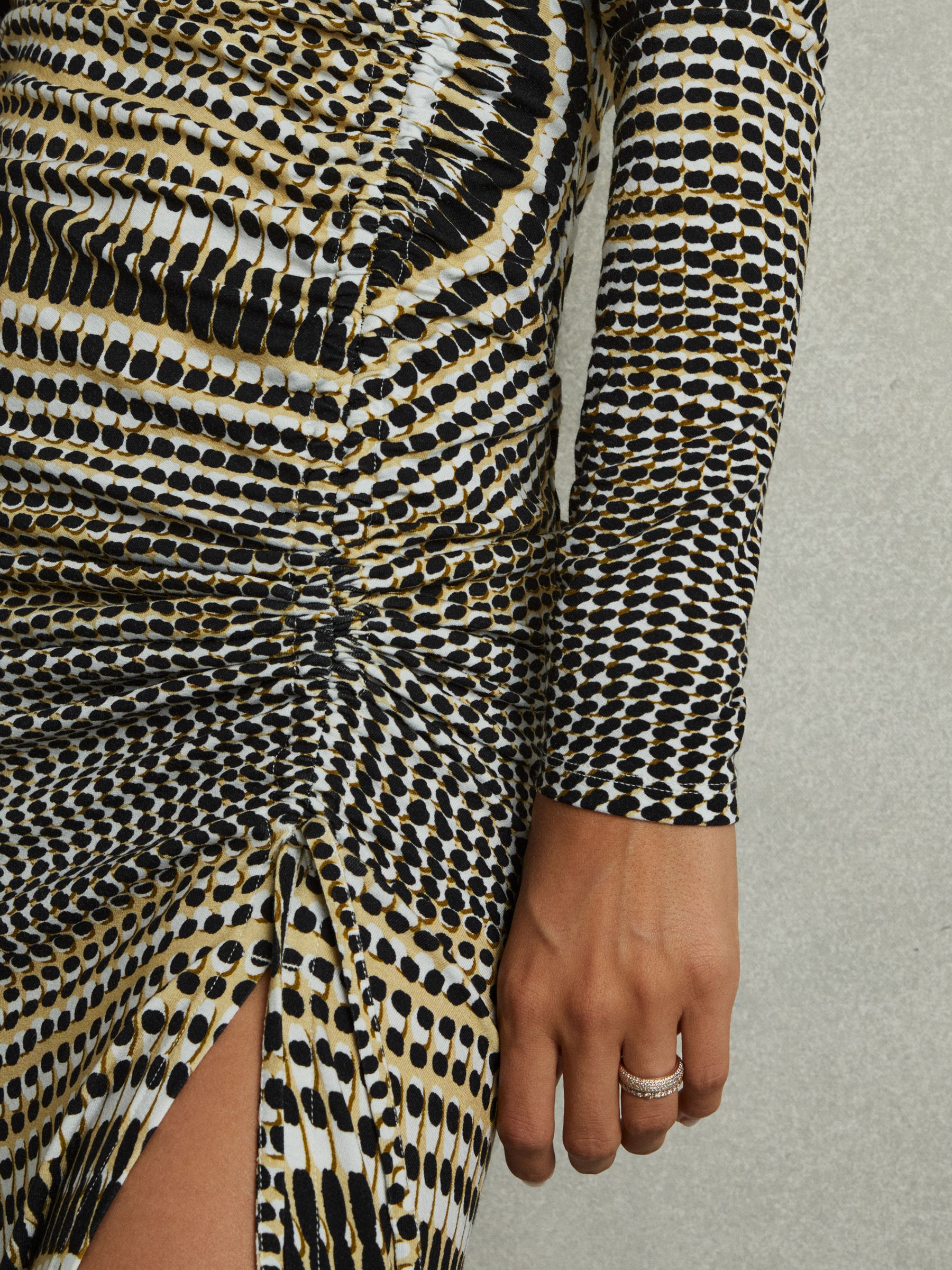 Printed Ruched Midi Dress in Black/Olive