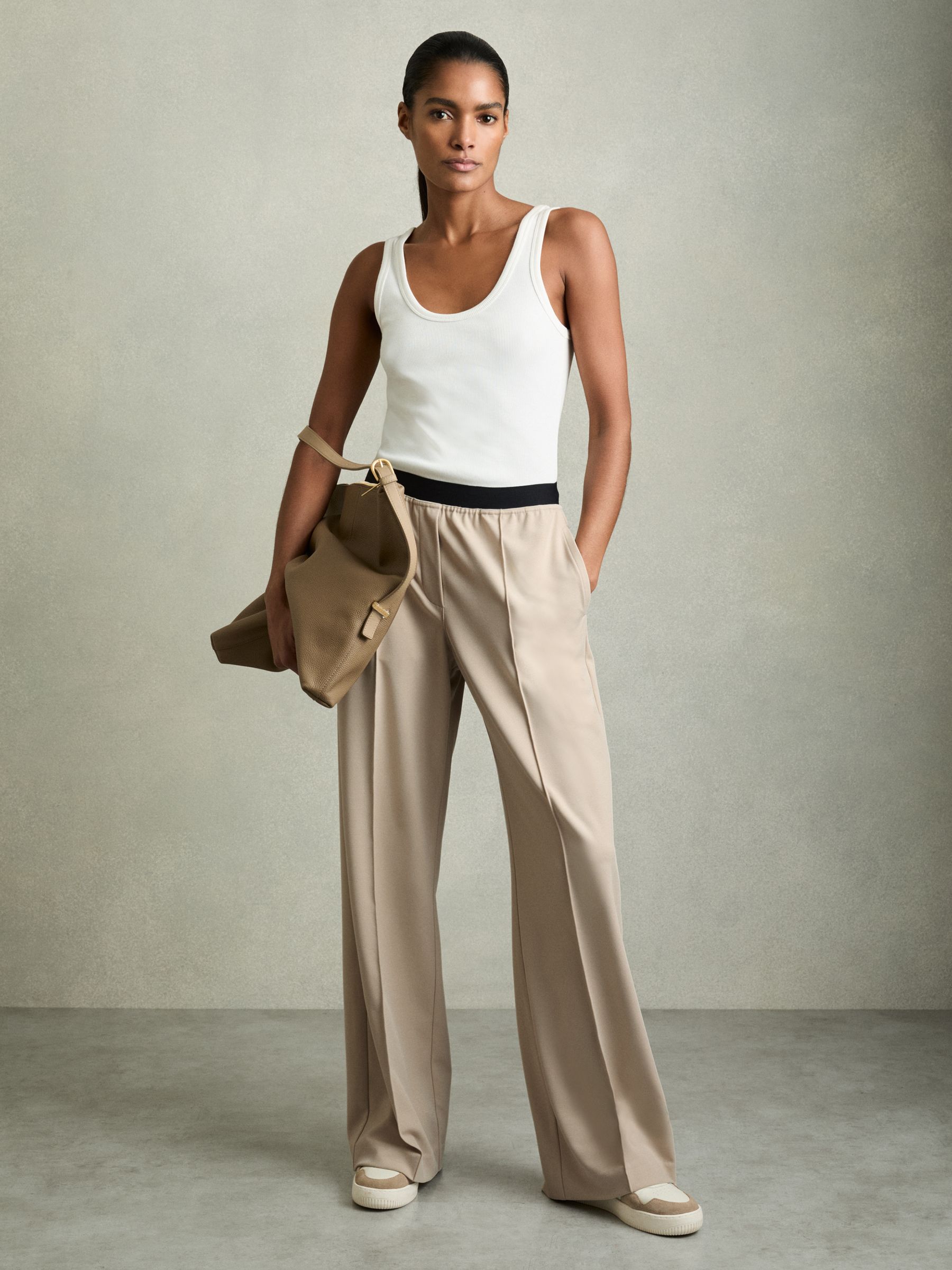 Wide-Leg Elasticated-Waistband Trousers in Neutral